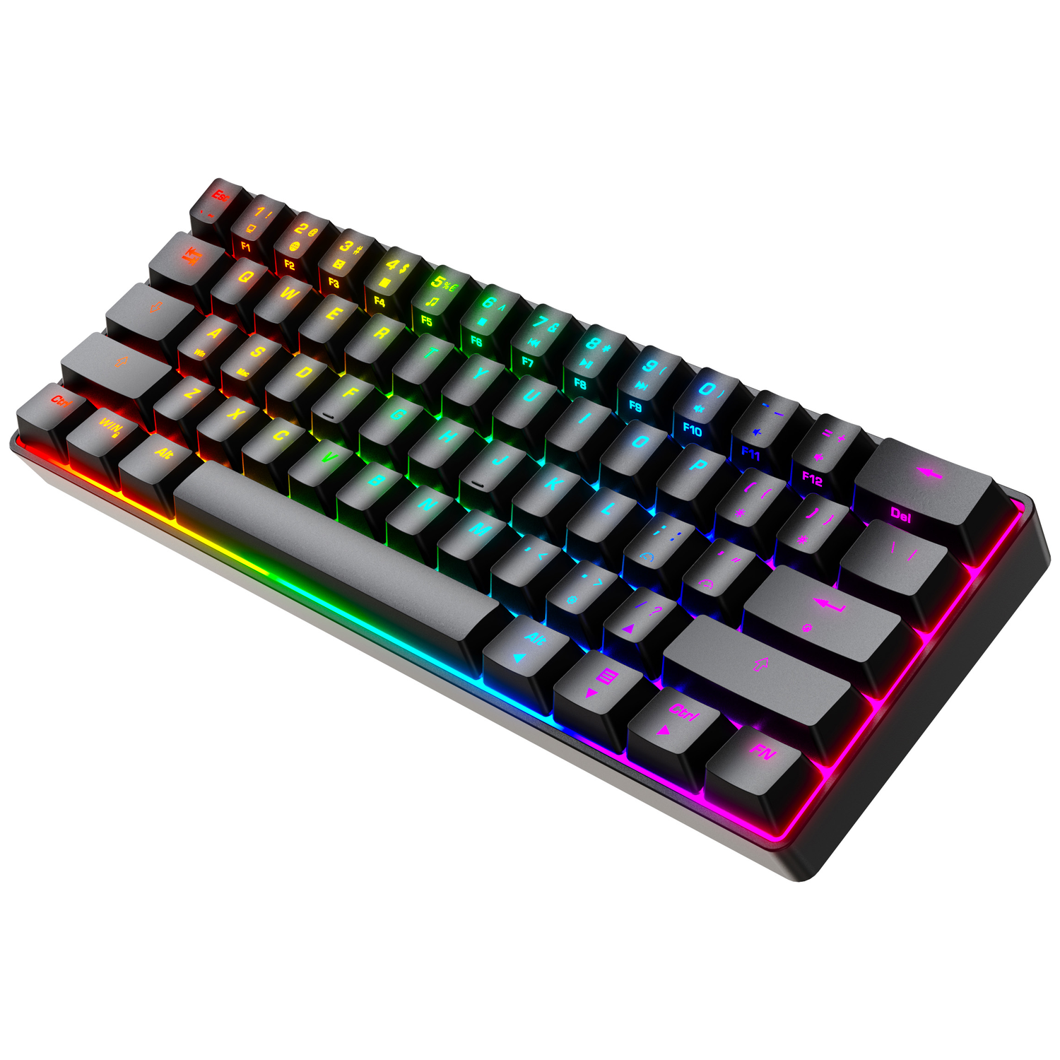Een zwart mechanisch toetsenbord met kleurrijke RGB-achtergrondverlichting. De toetsen zijn verlicht met een regenboogverloop.