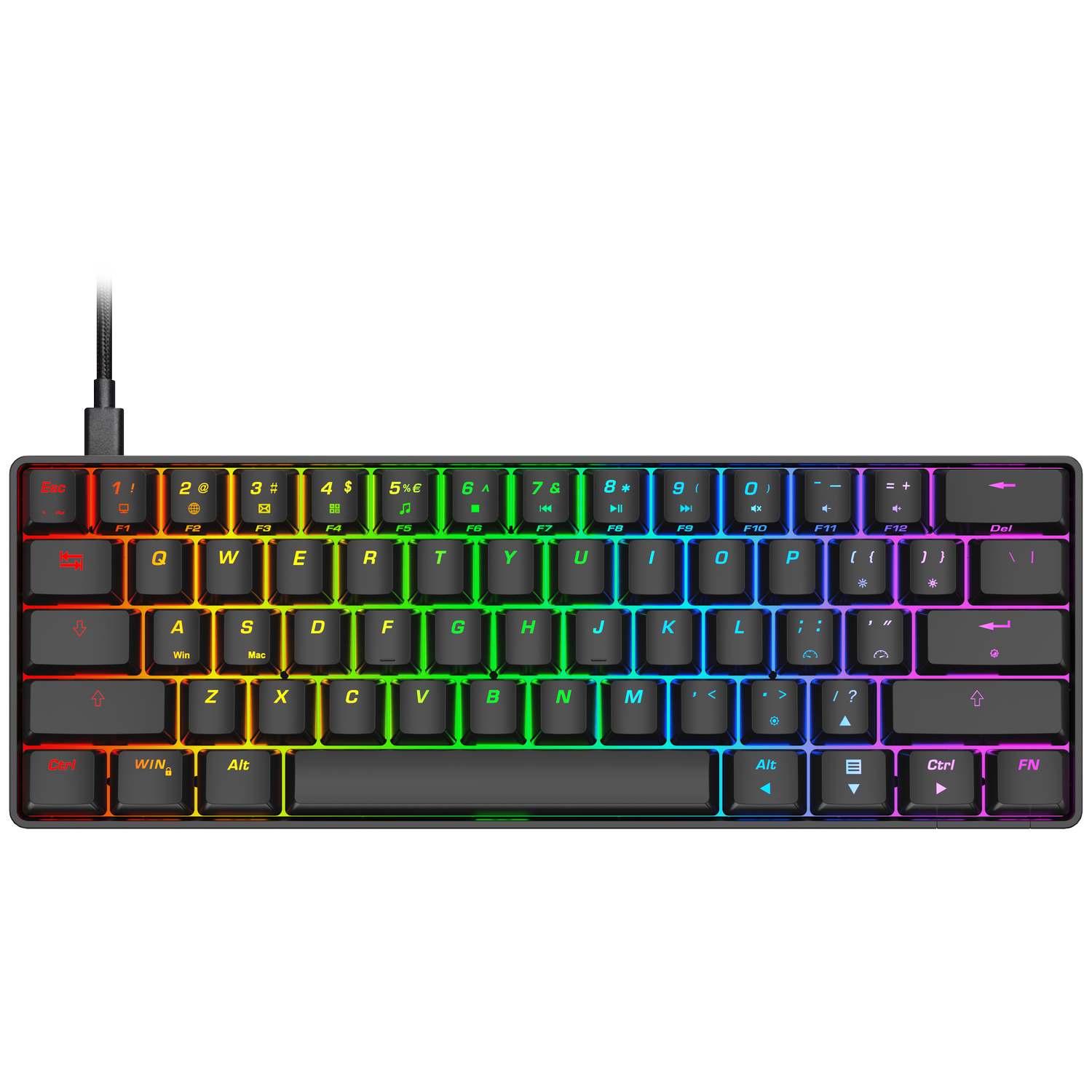 Een zwart compact toetsenbord met RGB-verlichting en QWERTY-indeling.