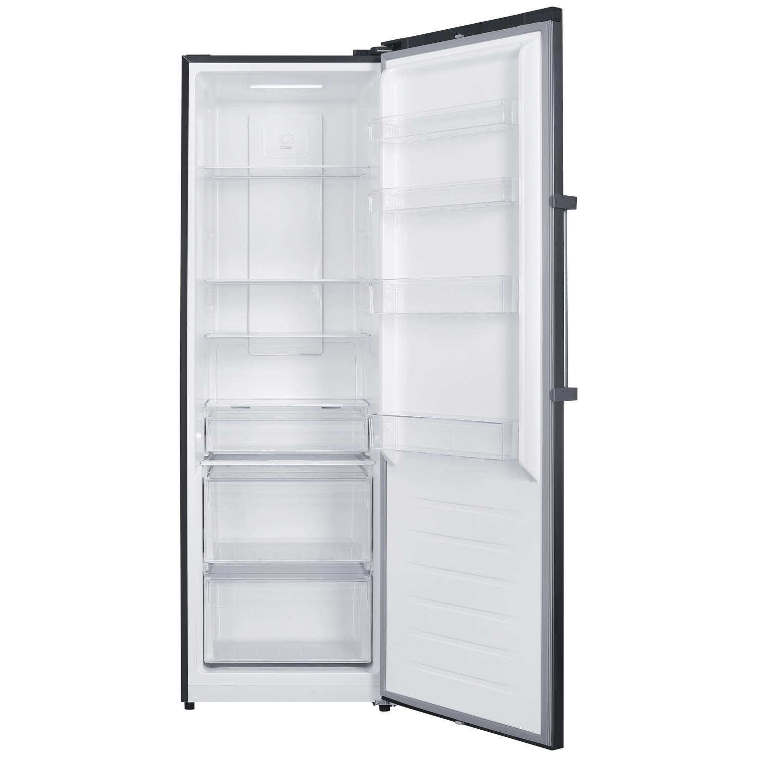 An empty, open refrigerator with glass shelves and clear drawers inside.