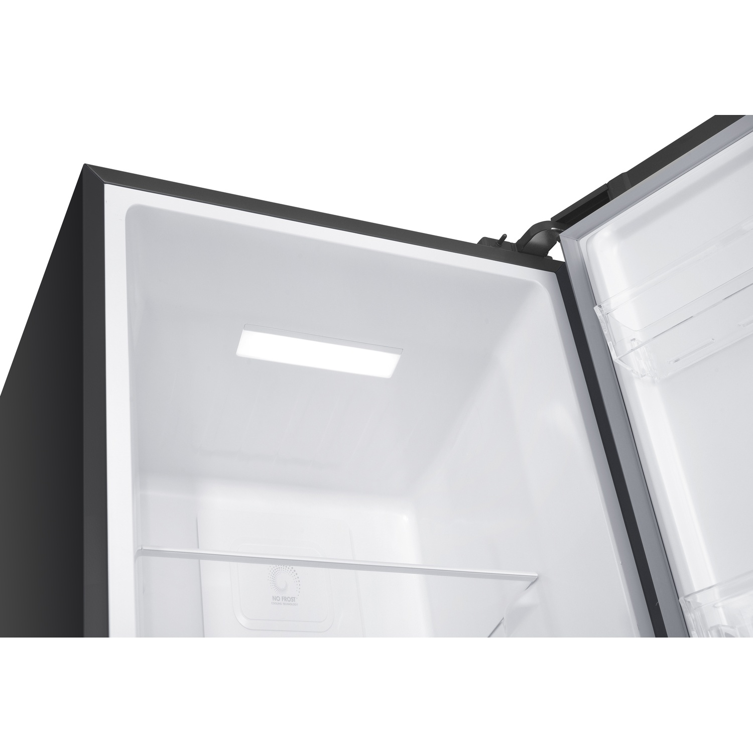 Interior view of a black refrigerator with an open shelf and light.
