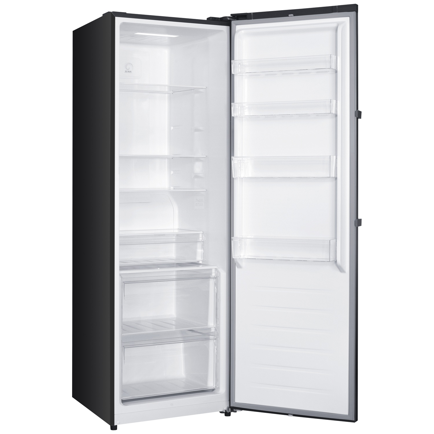 A black refrigerator with its door open, empty inside with shelves and drawers.