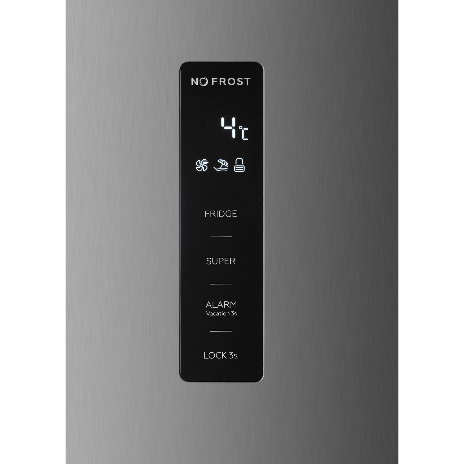 Digital display on a refrigerator showing 4°C, fan, vacation, and lock icons.