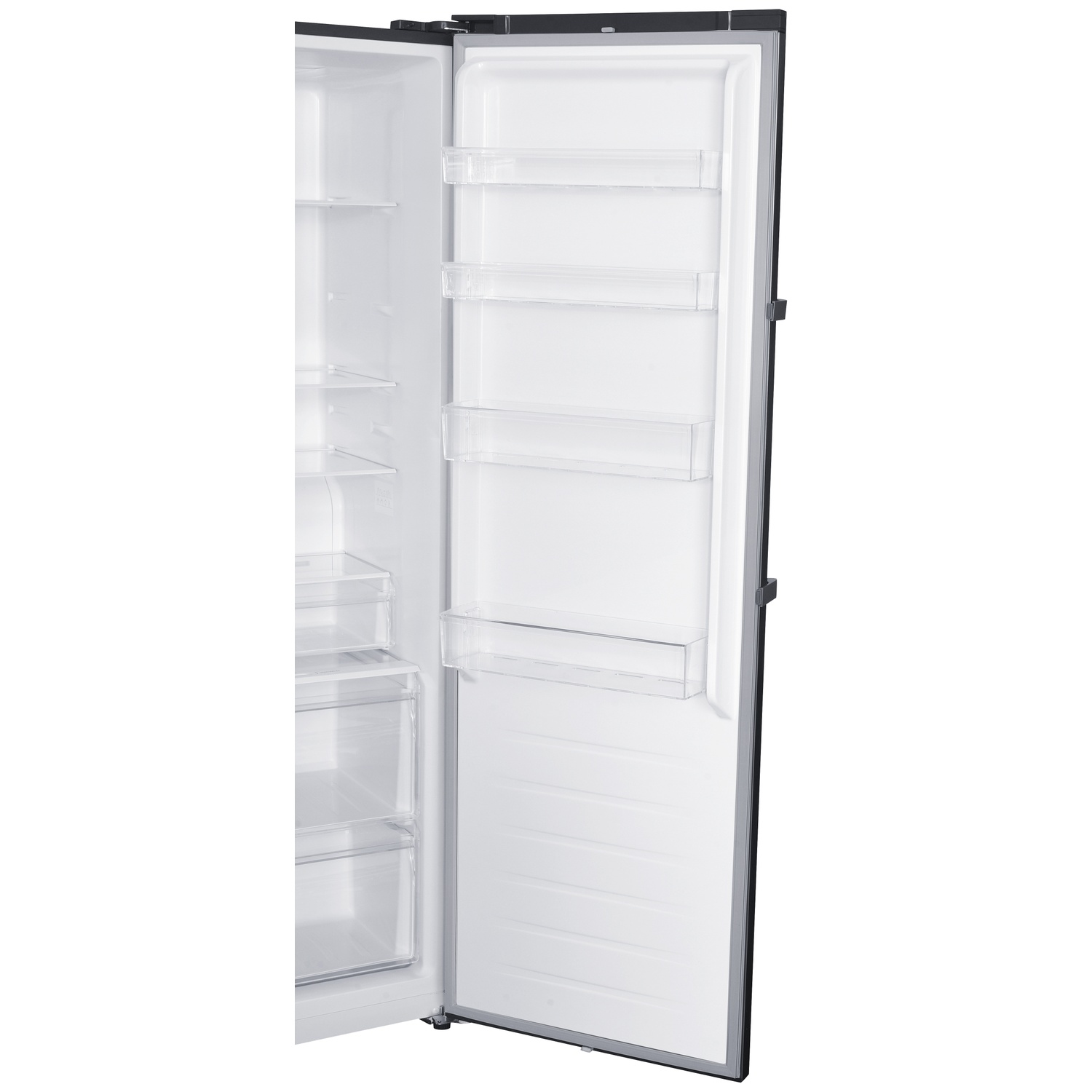 Interior view of an open, empty refrigerator with shelves and drawers.