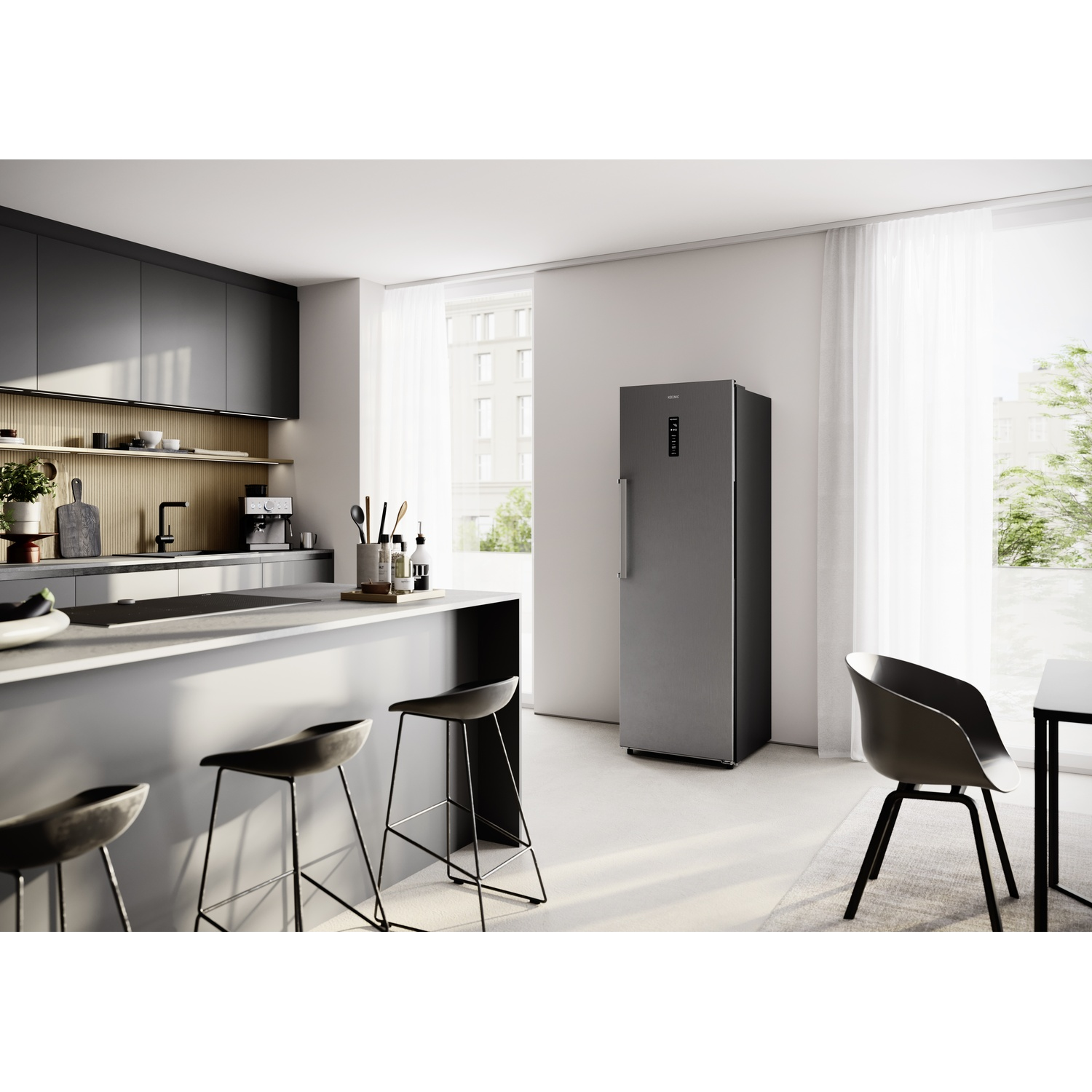 Modern kitchen with island, bar stools, refrigerator, and chair.