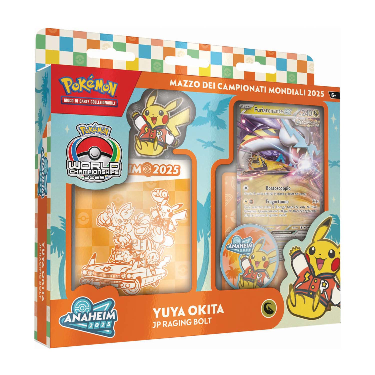 Box Campionati Mondiali Pokémon con Pikachu, carte da gioco e artwork di Furiantante EX.