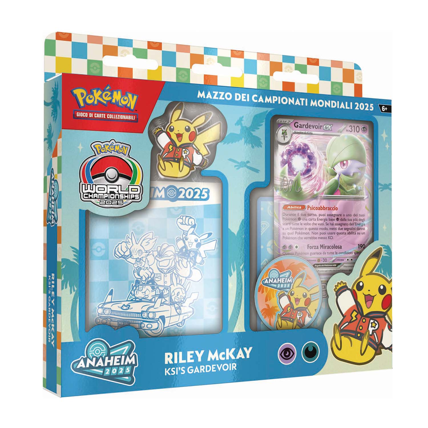 Box Campionati Mondiali Pokémon con Pikachu, carta Gardevoir EX e accessori.
