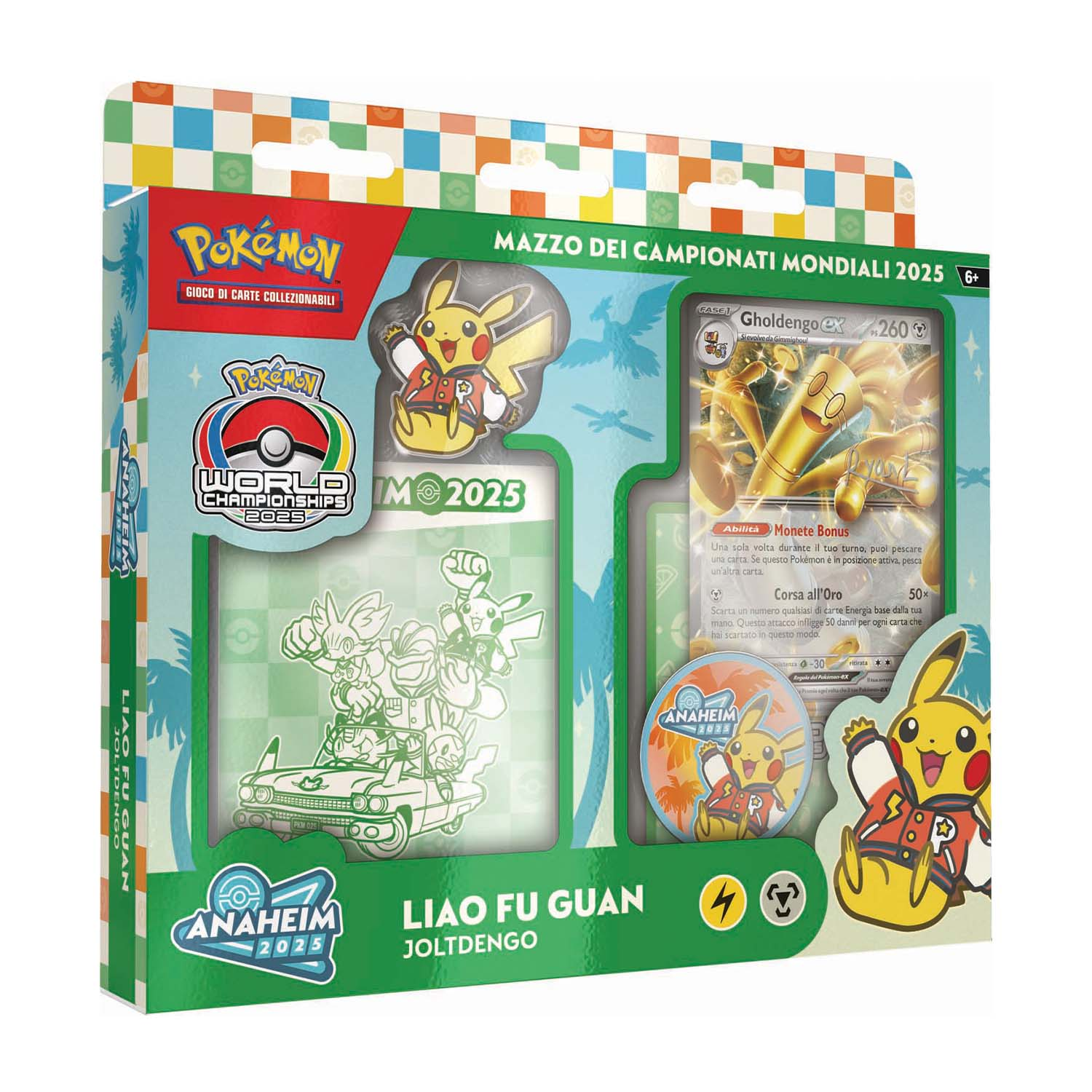Box mazzo Pokémon Mondiali 2025 con carta Gholdengo EX e spilla Pikachu.