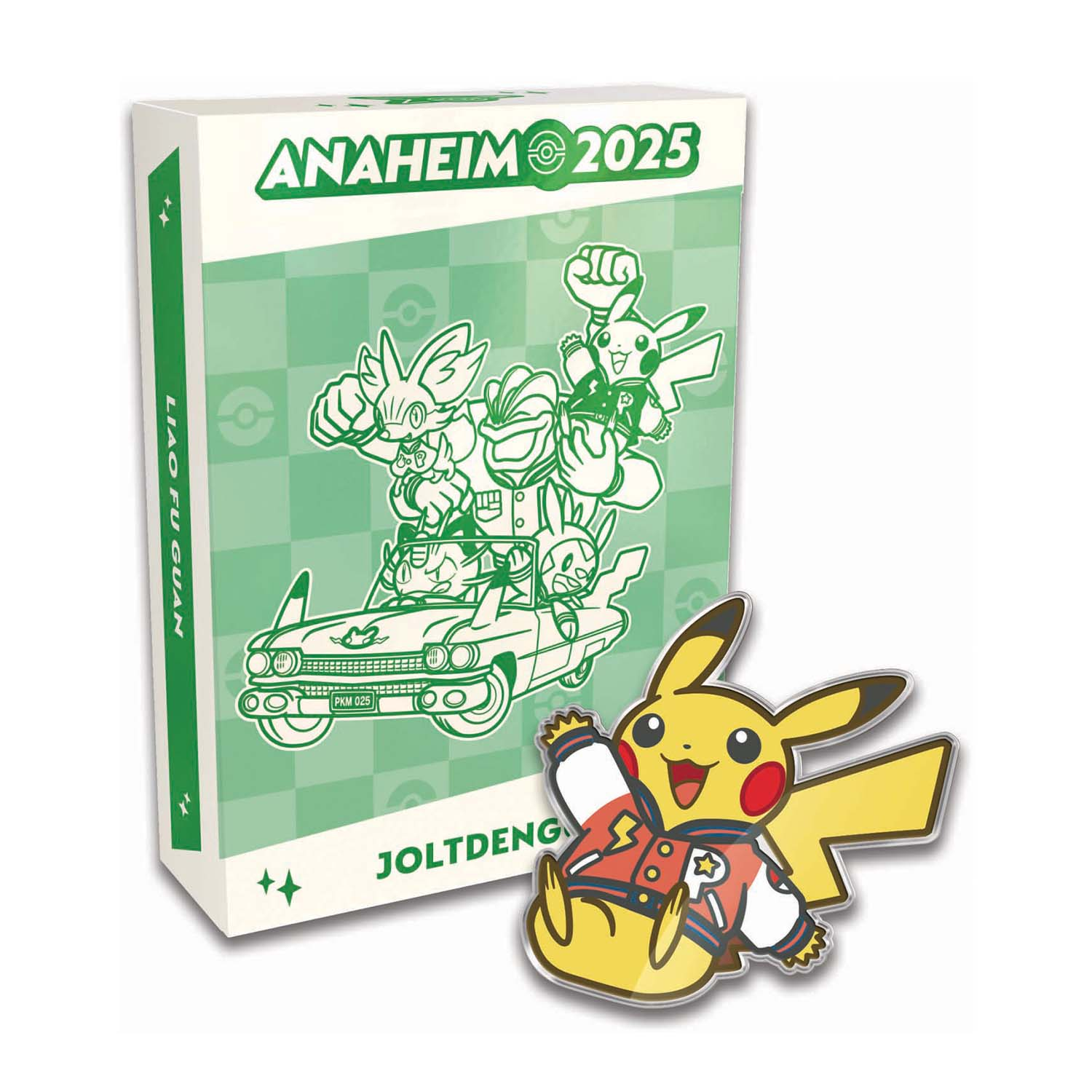 Spilla Pikachu e scatola con design Pokémon per Anaheim 2025.