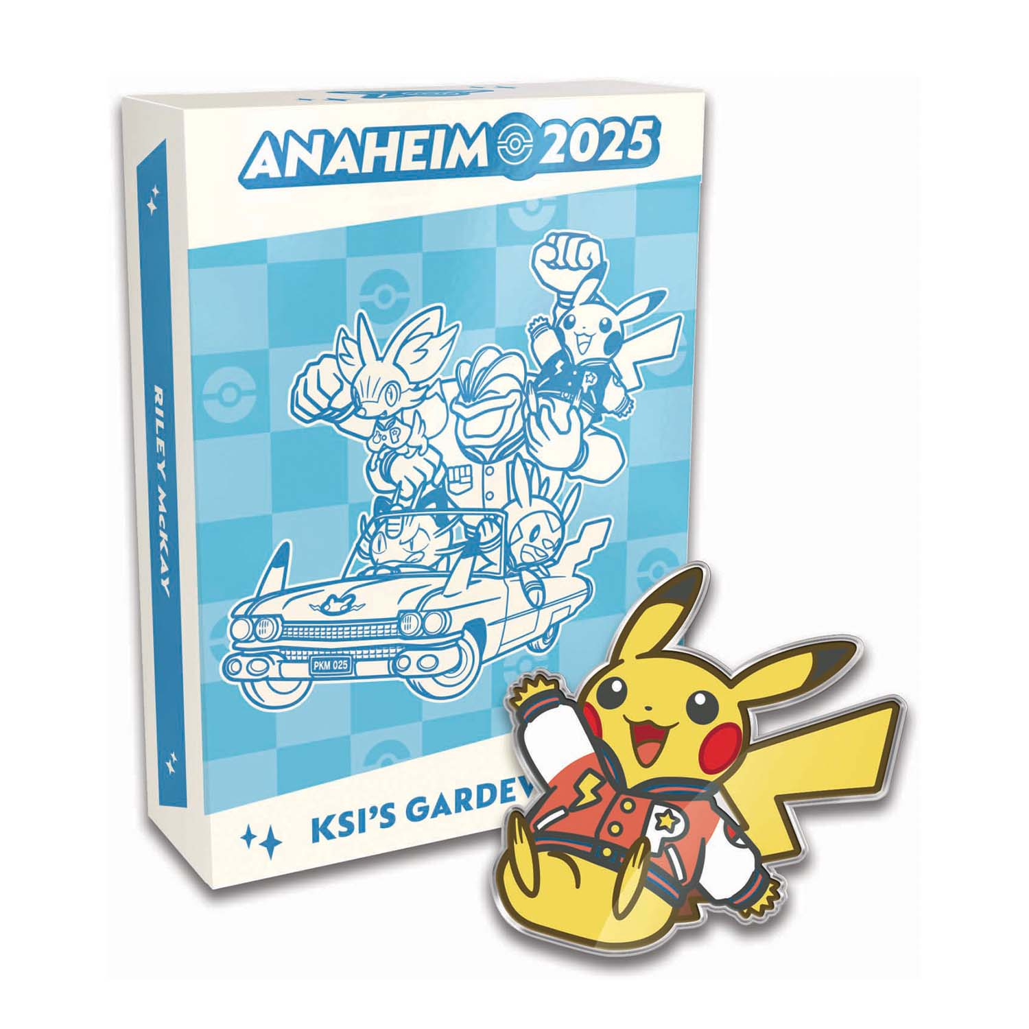 Spilla Pikachu e scatola Pokémon con Pikachu cartone animato in auto.