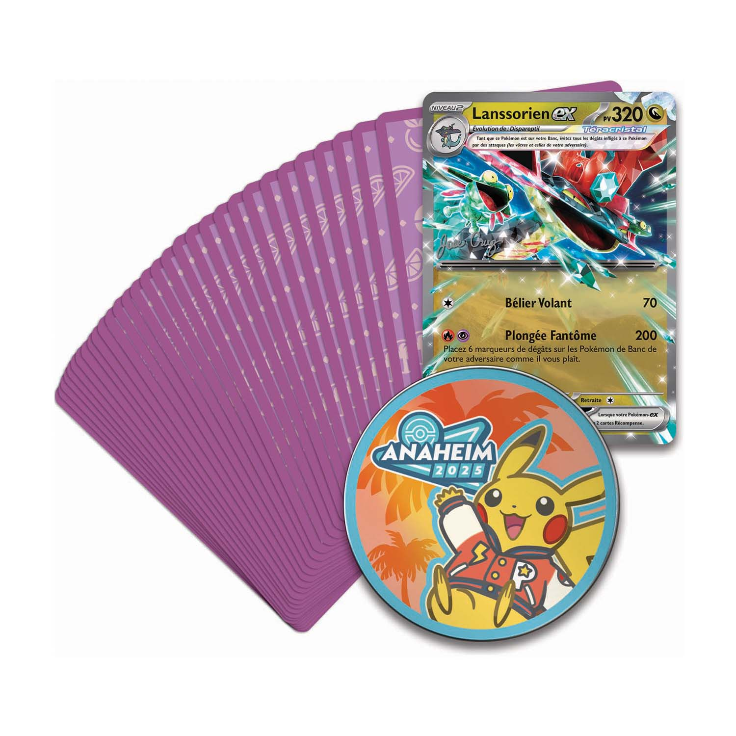 Un gioco di carte Pokémon con Lanssorien EX, Pikachu e una pila di carte viola.