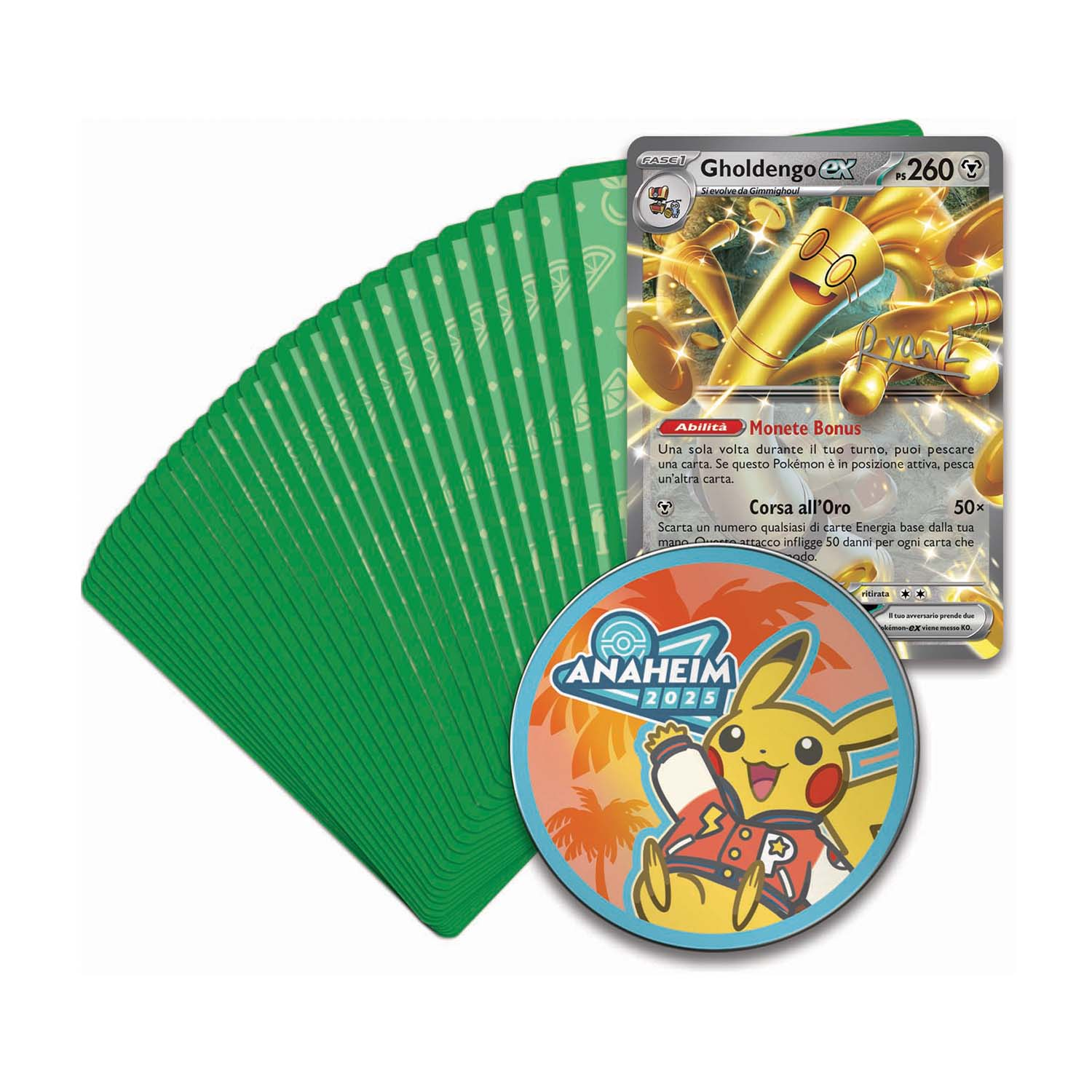 Pila di carte verdi, carta Gholdengo EX e moneta Pikachu con Anaheim 2025