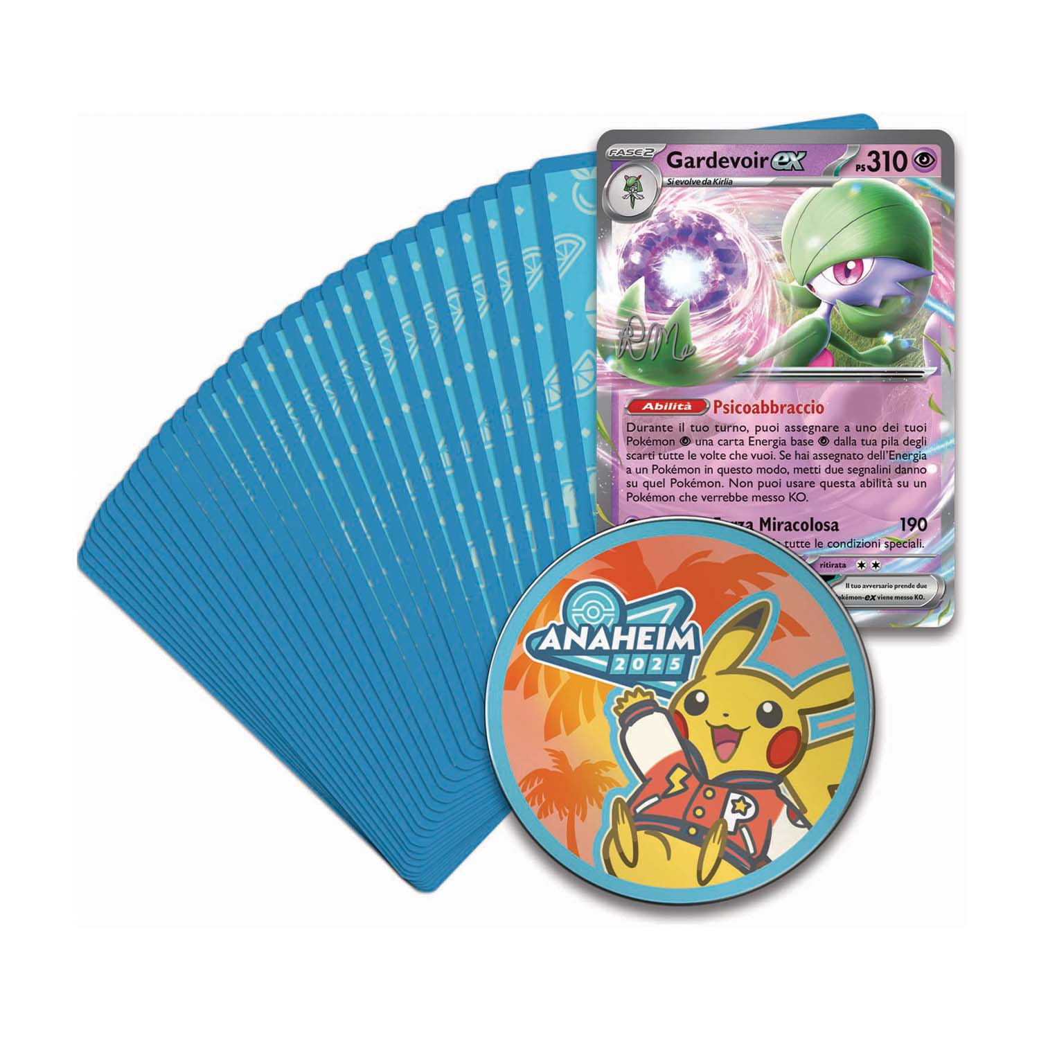Un set di carte Pokémon con Gardevoir EX e Pikachu su un medaglione ANAHEIM 2025.