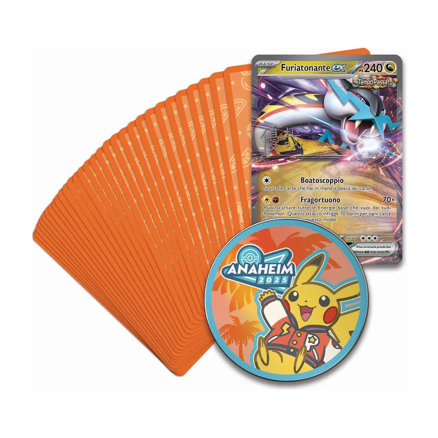 Una carta Pokémon con un Pokémon drago d'acqua e un medaglione Pikachu.