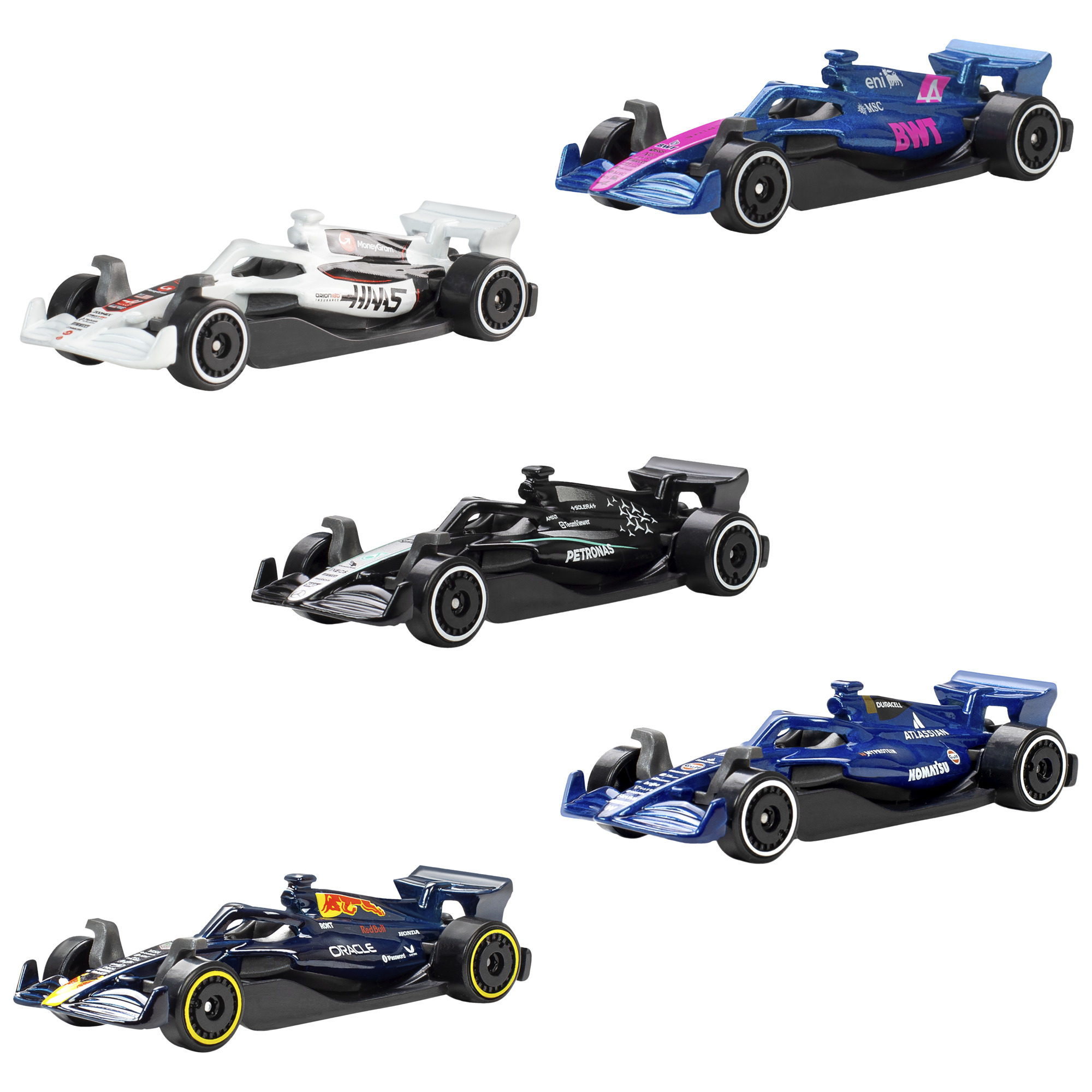 Fünf Formel 1 Spielzeugautos: weiß, blau, schwarz, blau und dunkelblau.