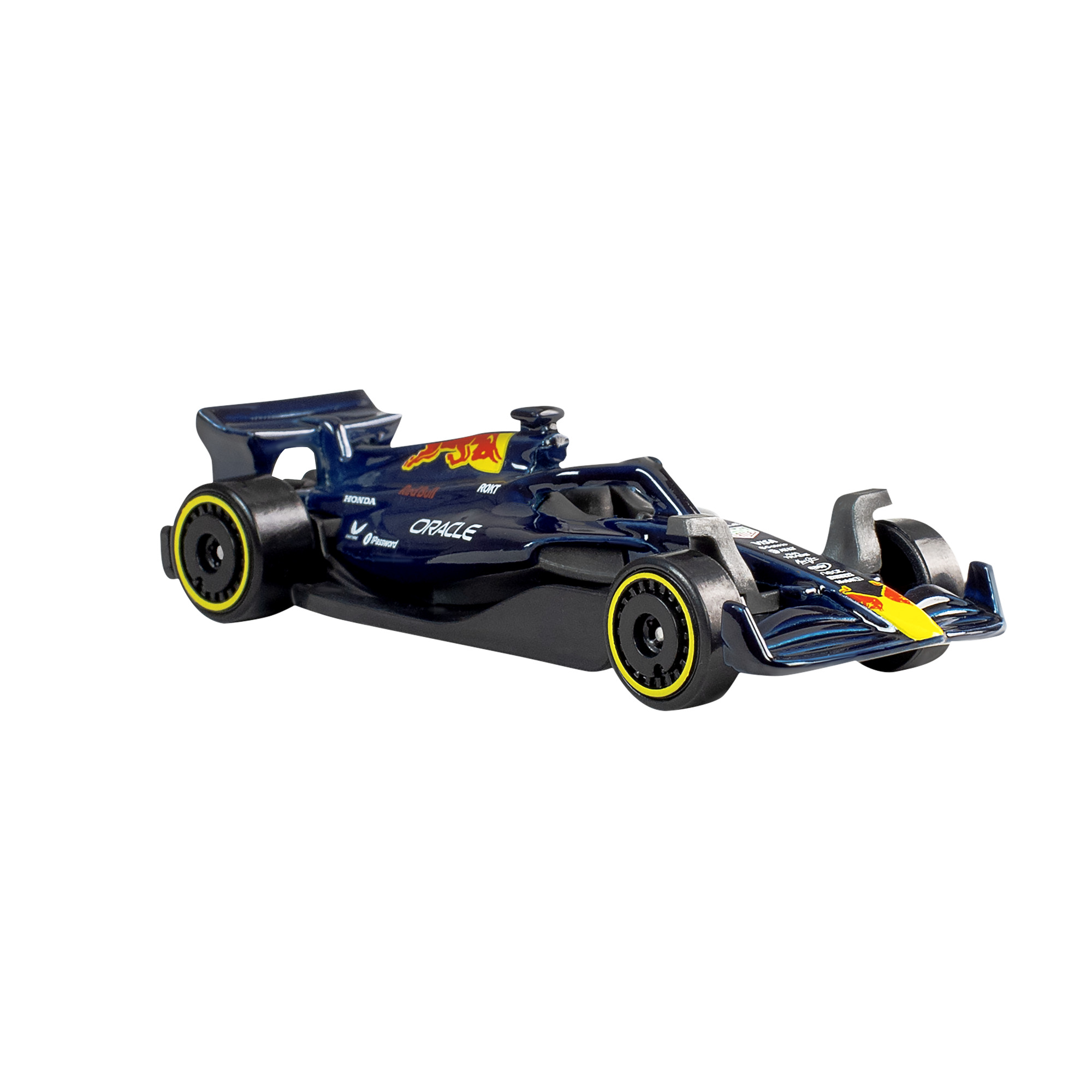 Ein dunkelblauer Formel-1-Rennwagen mit gelben Akzenten auf weißem Hintergrund.