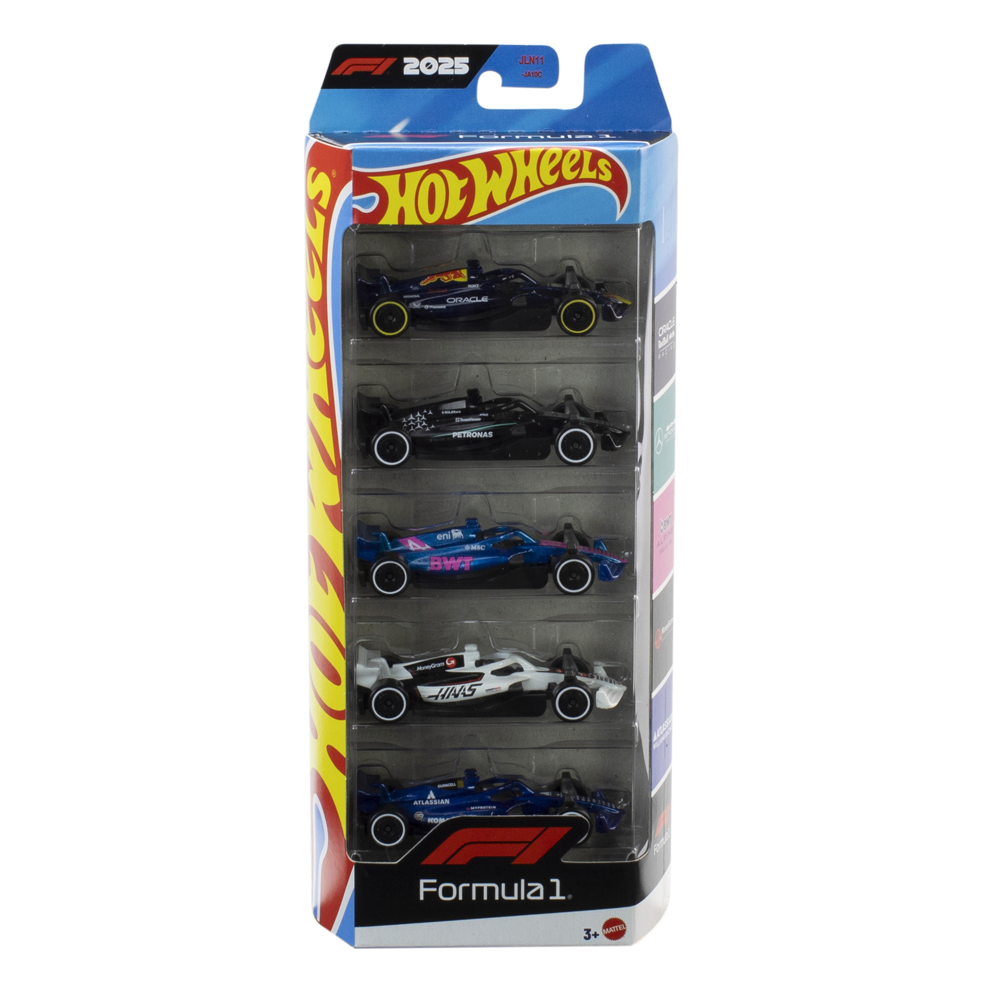 Hot Wheels Formel 1 Set mit fünf Autos in Verpackung: Dunkelblau, Schwarz, Türkis, Weiß, Dunkelblau.