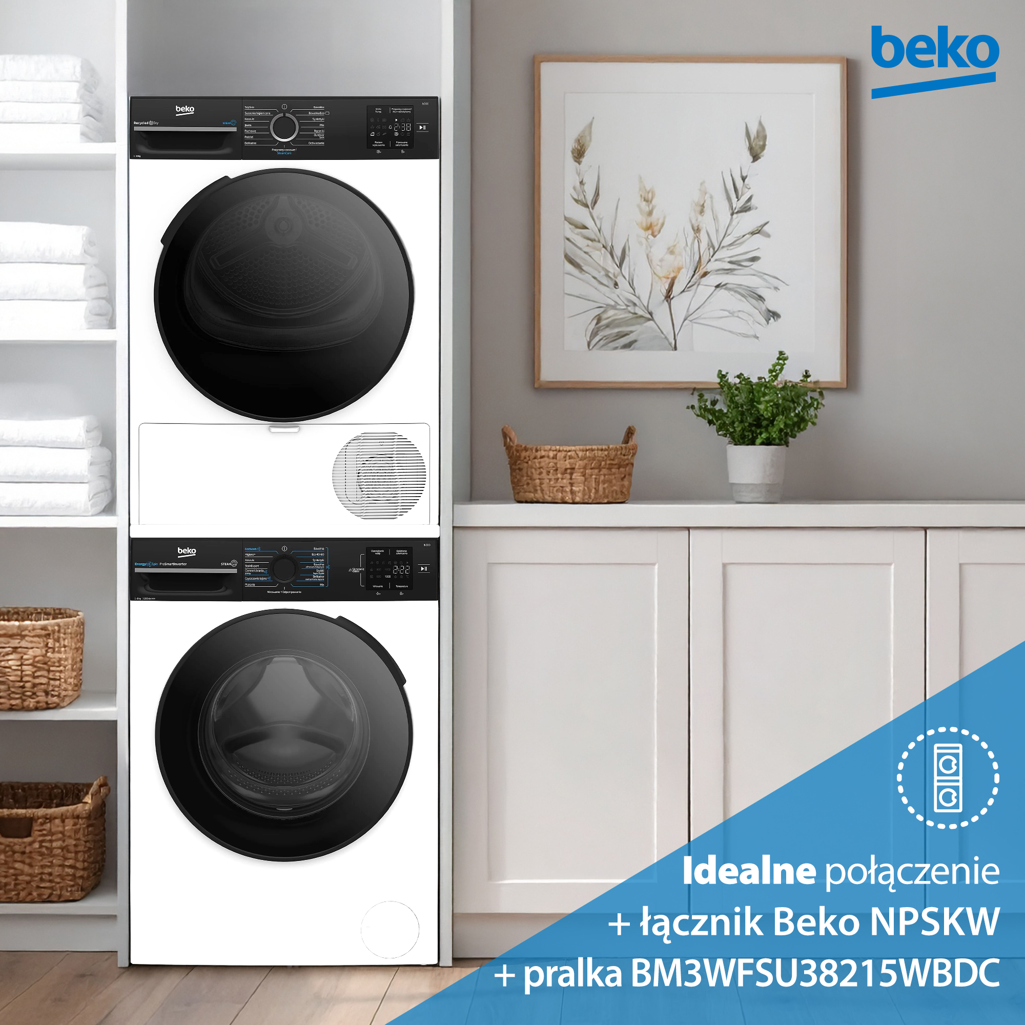 Suszarka Beko nad pralką, obok obrazu.
