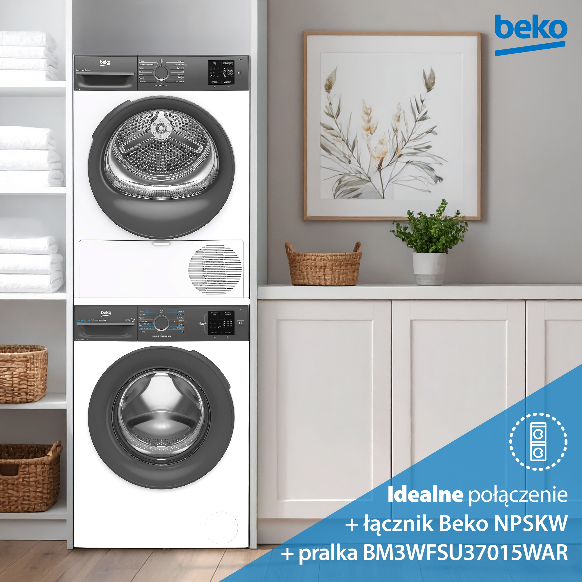 Pralka i suszarka Beko ułożone w stos, z obrazem i roślinami.