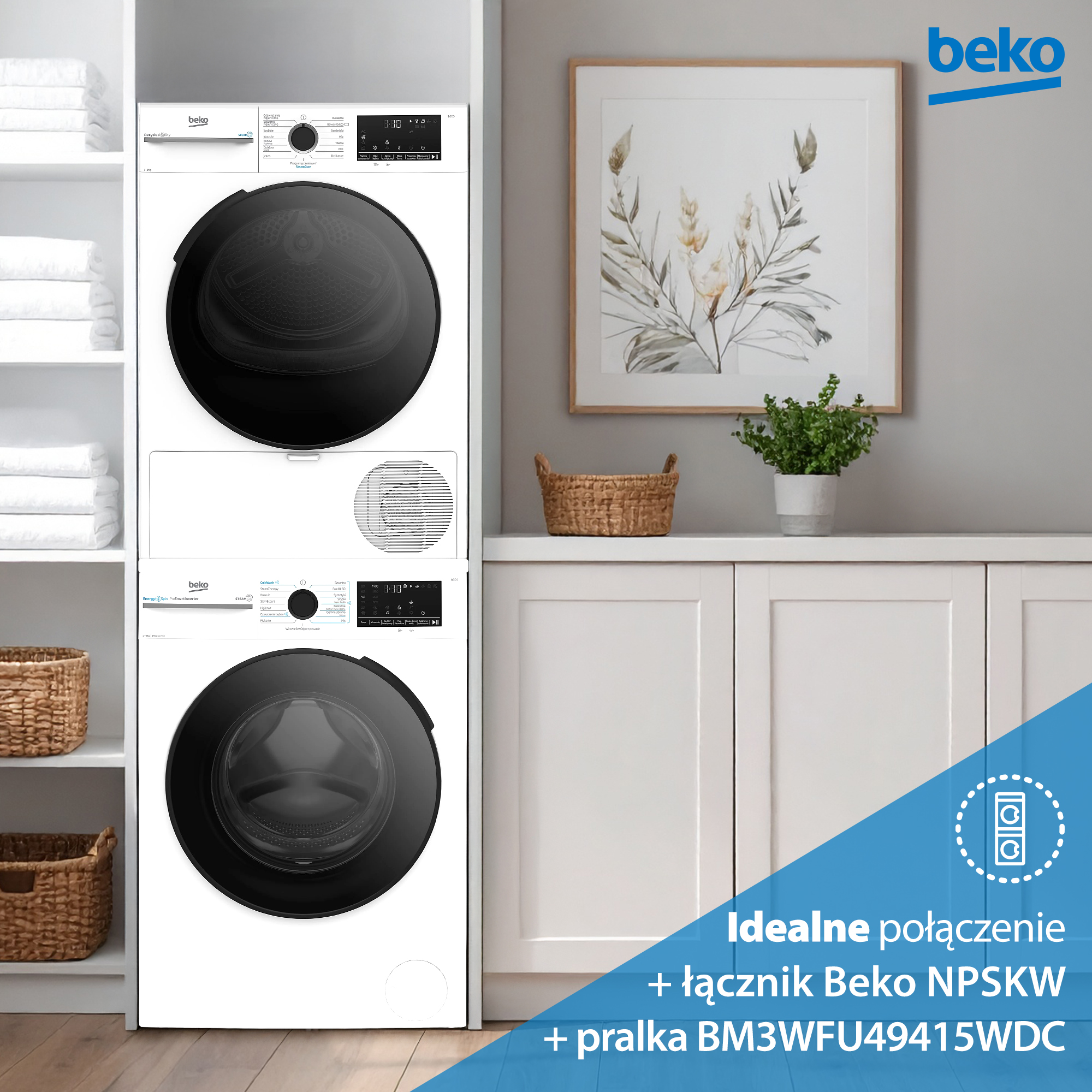 Biała pralka i suszarka ułożone jedna na drugiej, obok obrazu i roślin.