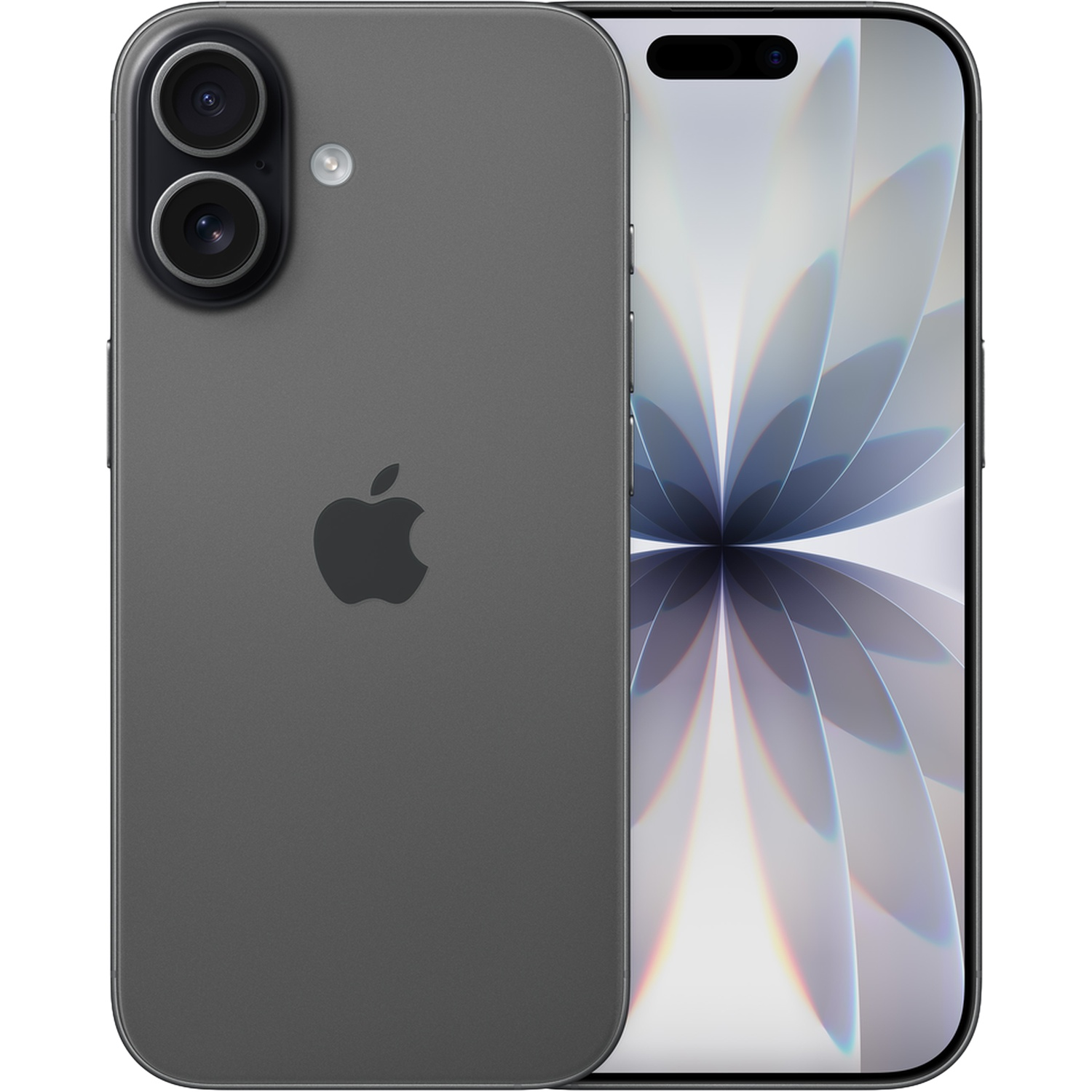 Dark gray iPhone with dual rear cameras and a blooming flower pattern on its screen.