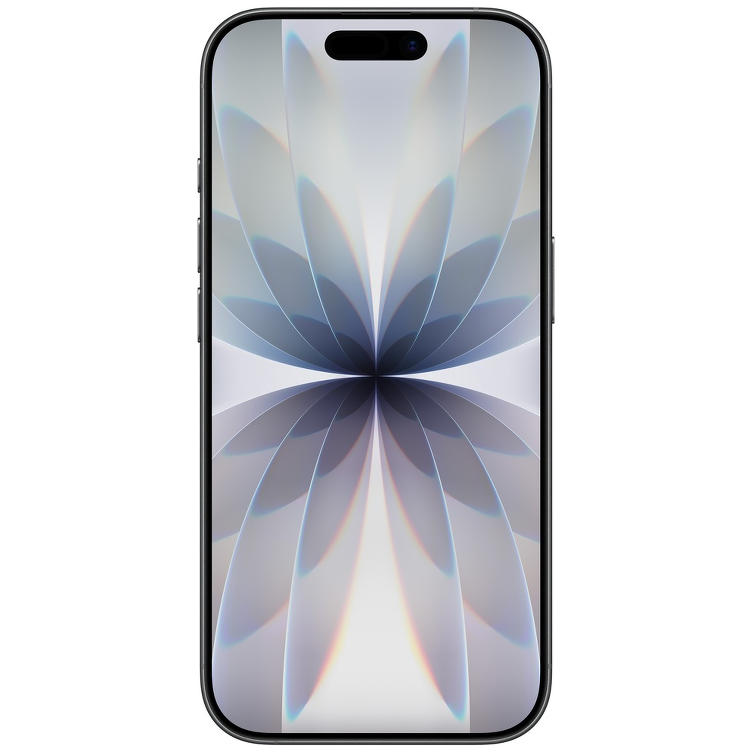 A black smartphone displaying an abstract, petal-like wallpaper.