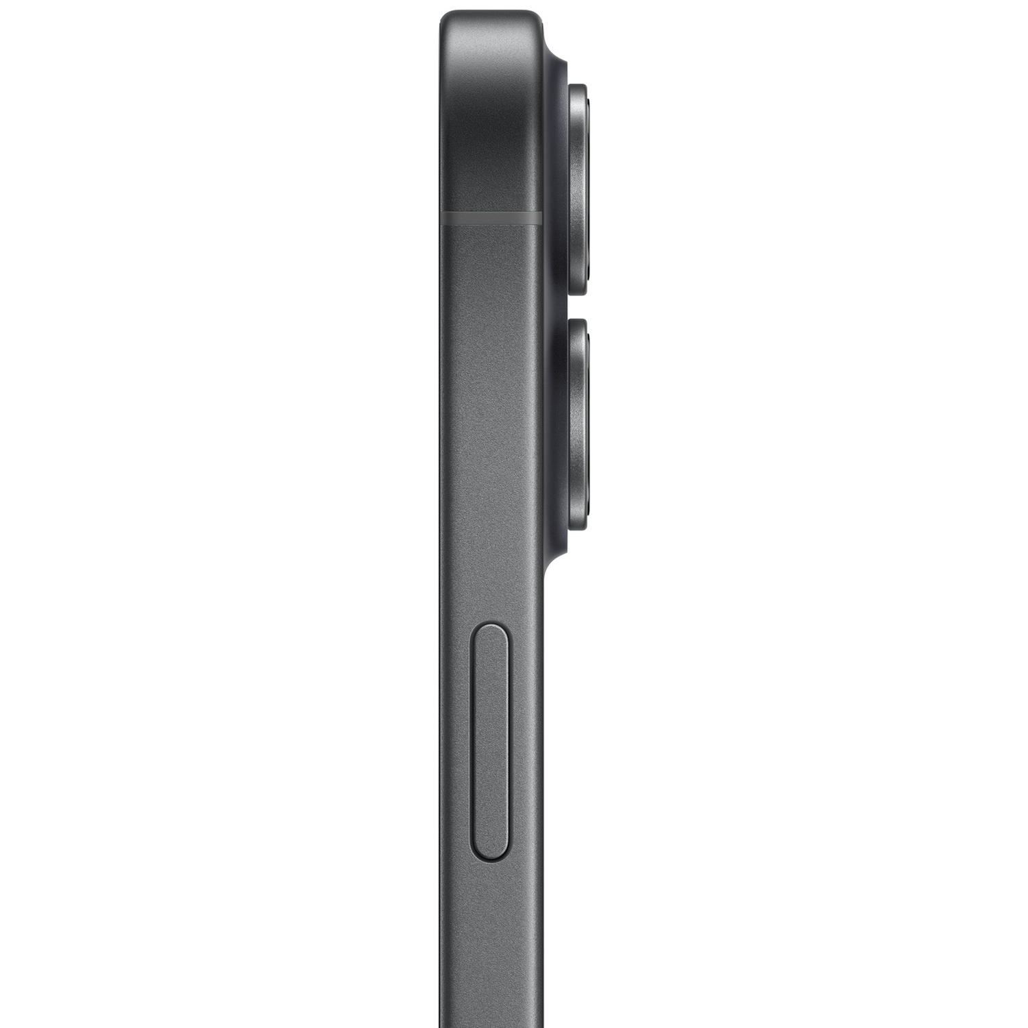 Gray smartphone in profile with two camera lenses and a side button.