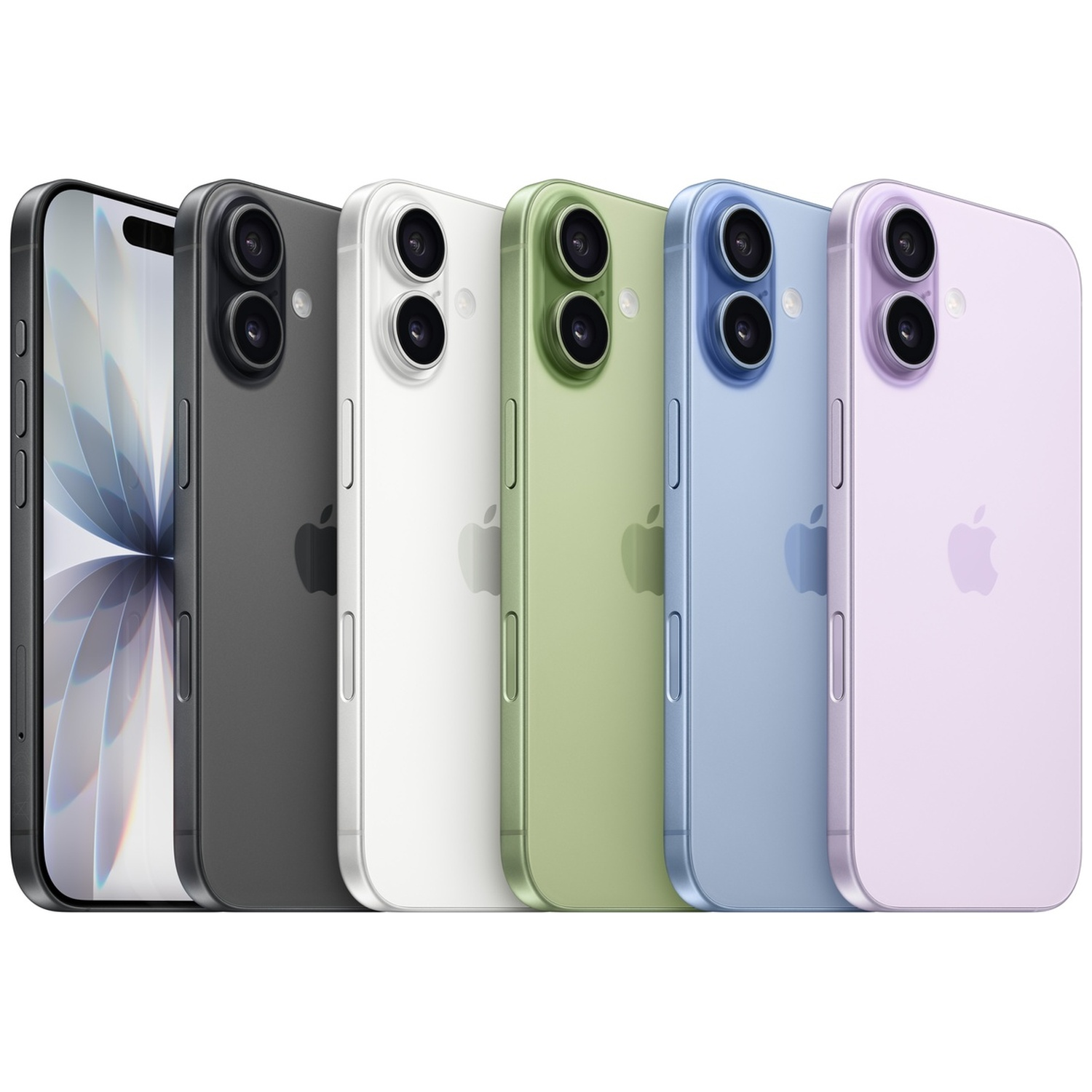 Five iPhones in black, white, green, blue, and purple colors, displayed side-by-side.