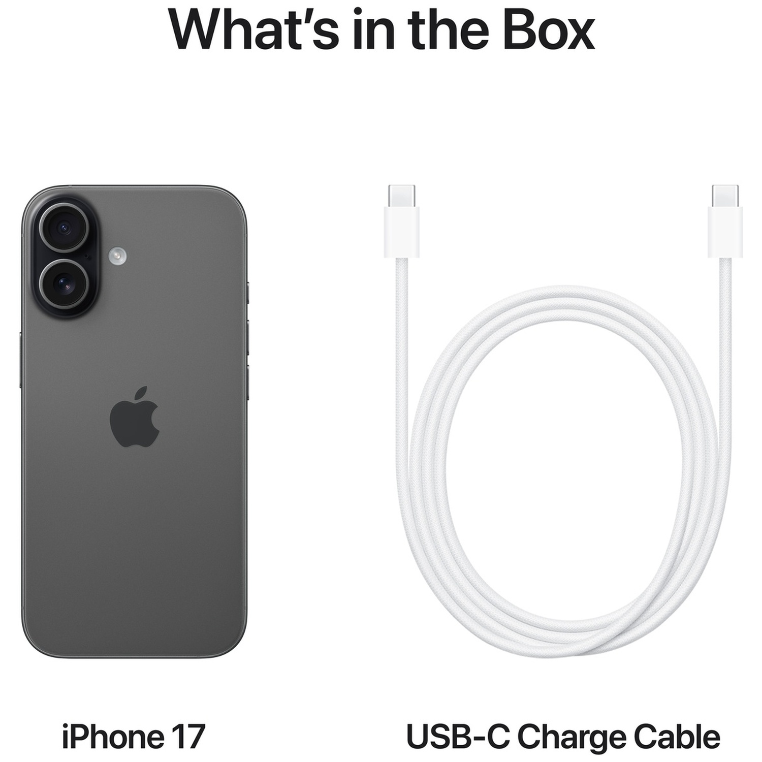 A gray iPhone 17 and a white USB-C charge cable are shown side-by-side.