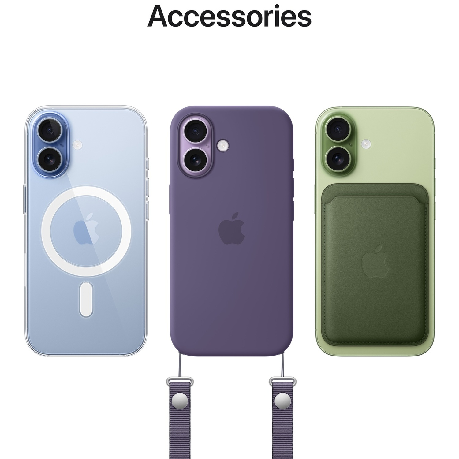 Three iPhone cases: clear, purple, and light green with a brown case.