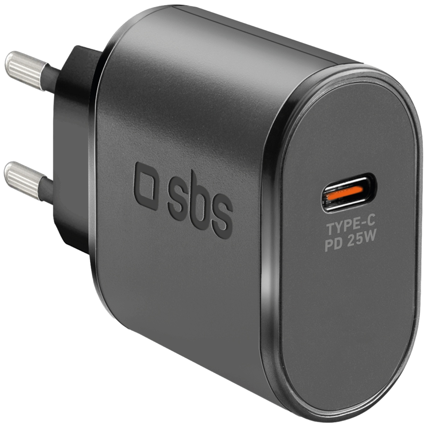 Black USB-C PD 25W charger with SBS logo and two metal prongs.