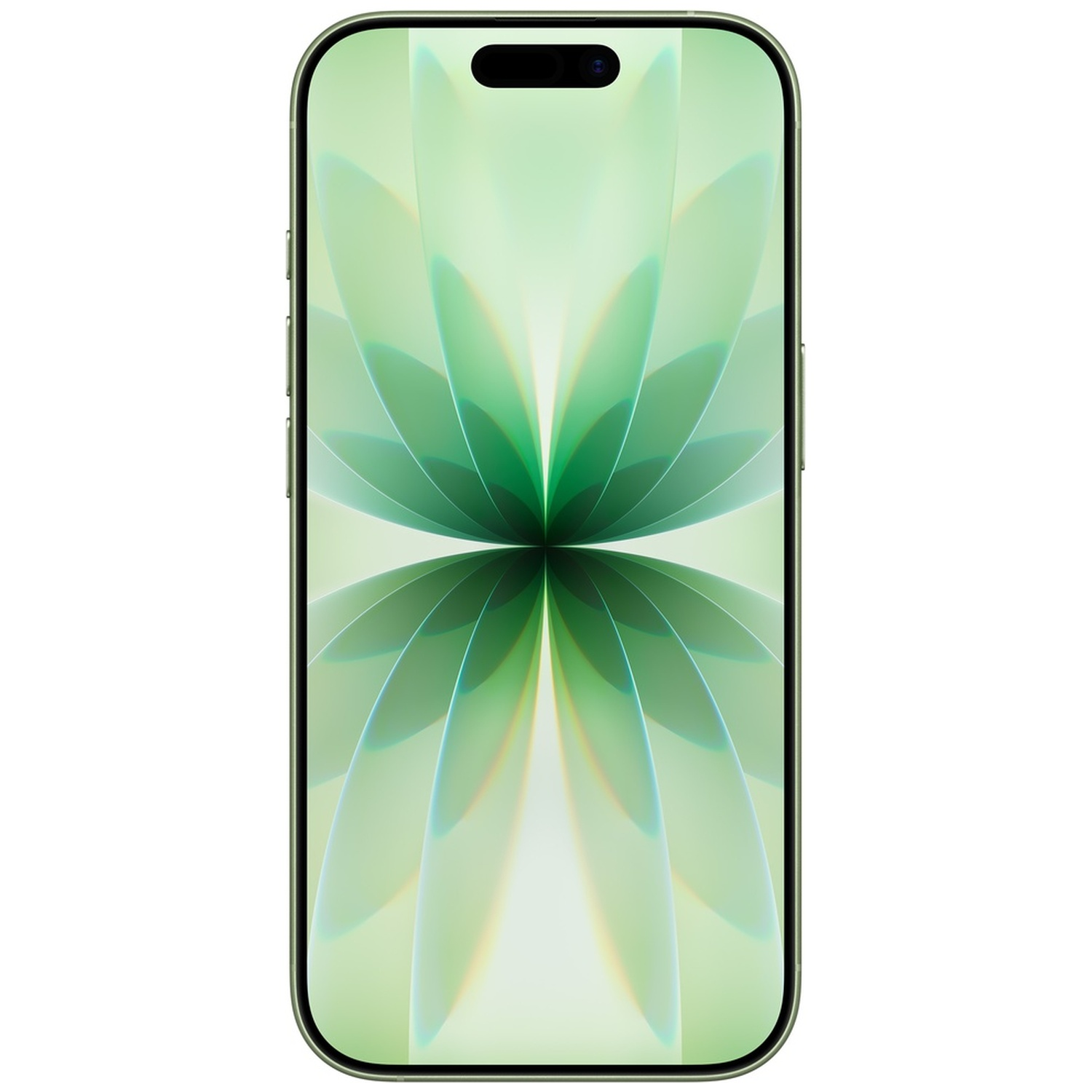 A green smartphone displaying an abstract, petal-like wallpaper.