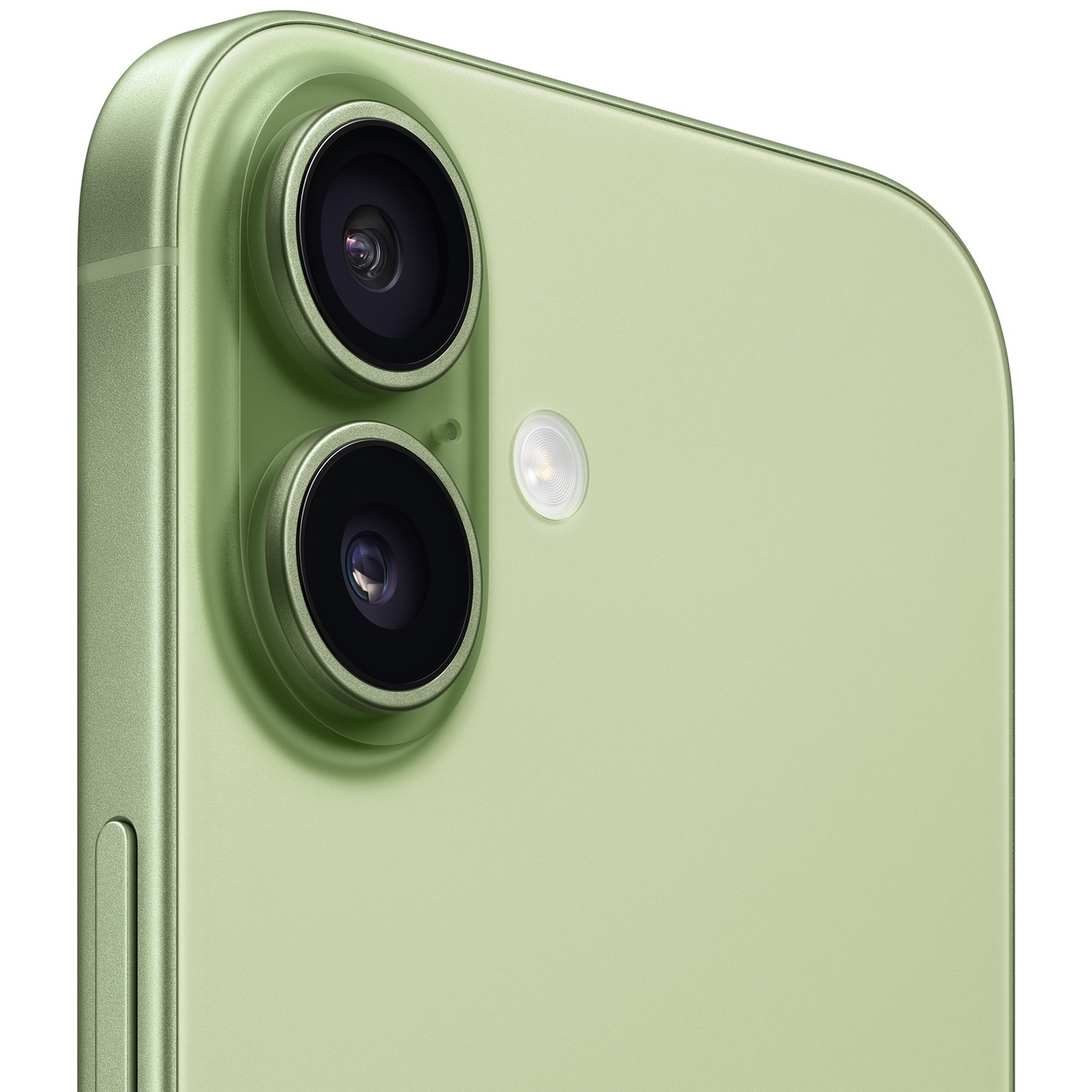 Close-up of a green iPhone back with dual camera and flash.