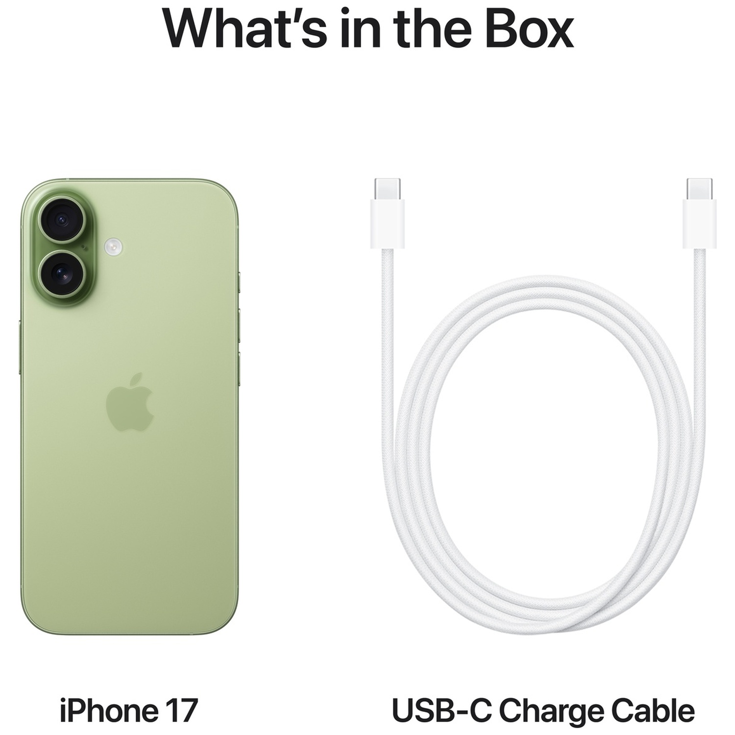Green iPhone 17 and white USB-C charge cable.