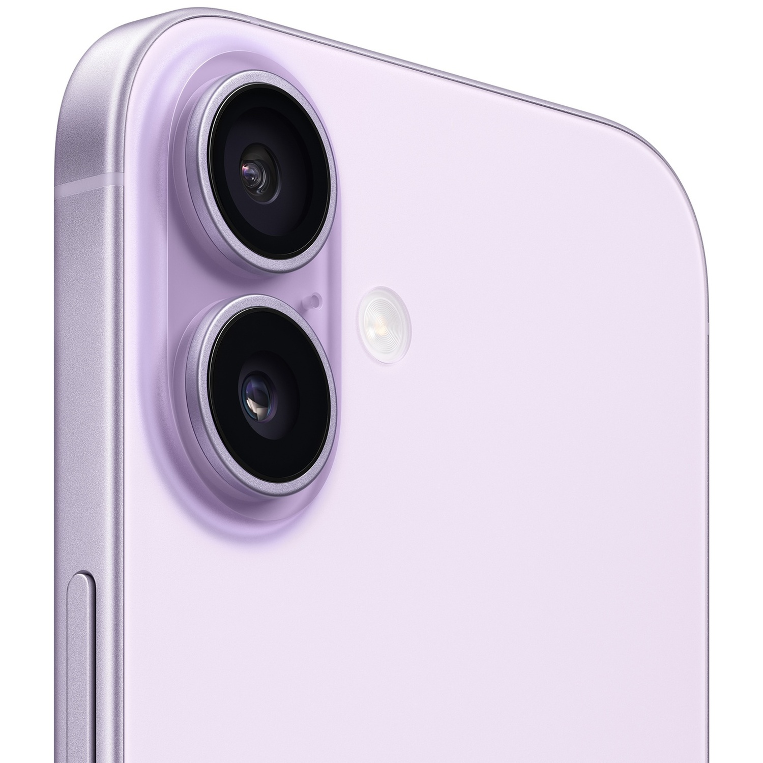 Close-up of the back of a light purple iPhone with two cameras.
