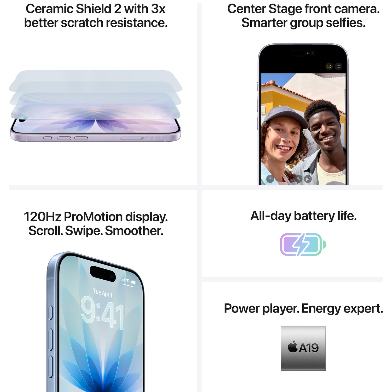 Phone with Ceramic Shield, front camera with group selfie, 120Hz display, battery icon, and A19 chip.