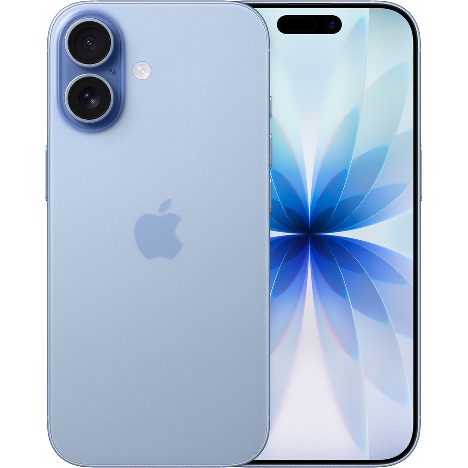 A light blue iPhone with dual rear cameras and a blue wallpaper.