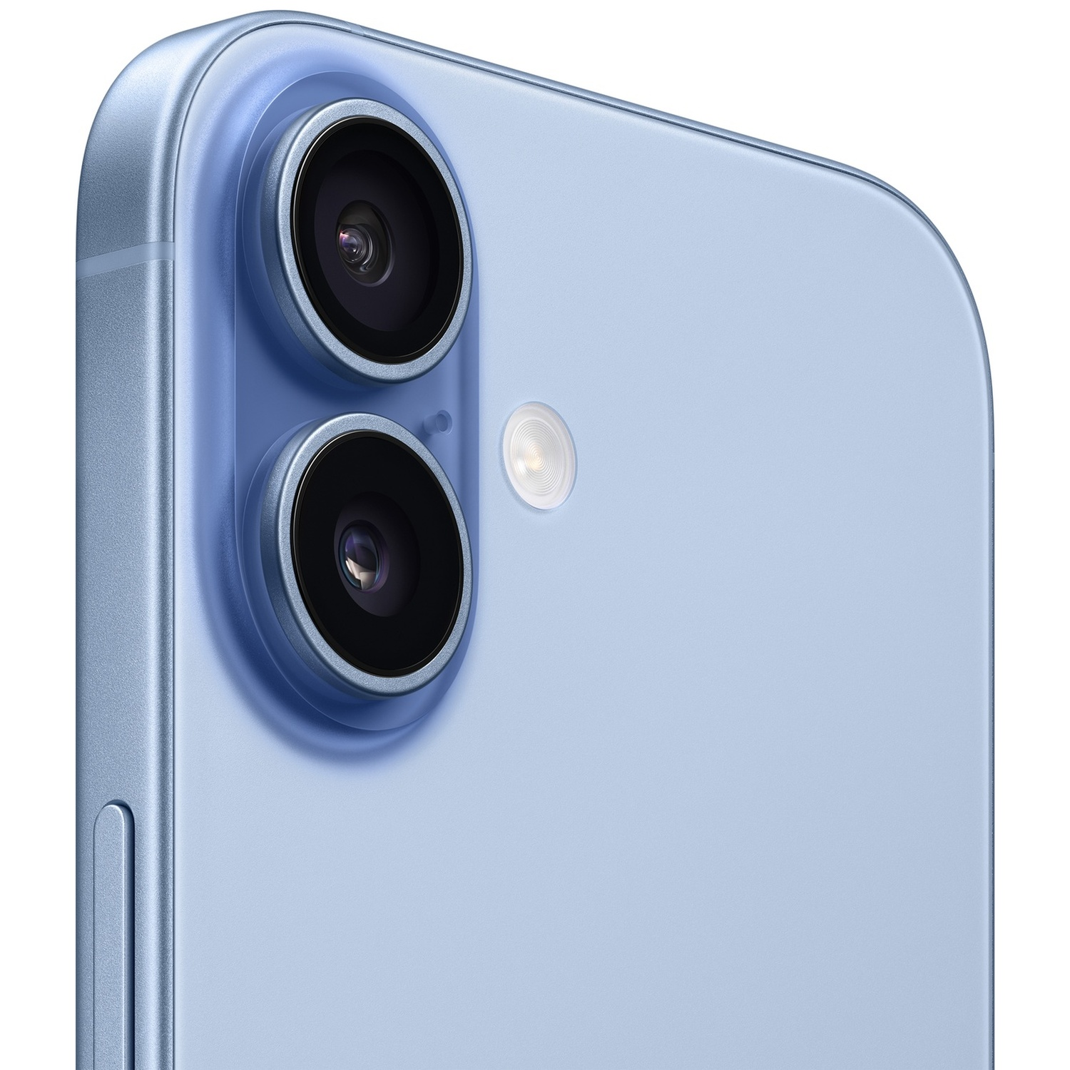 Close-up of a blue phone camera with two lenses and a flash.