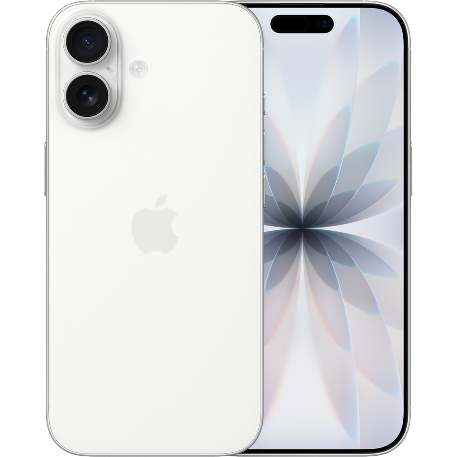 A white smartphone with two rear cameras and a stylized screen background.