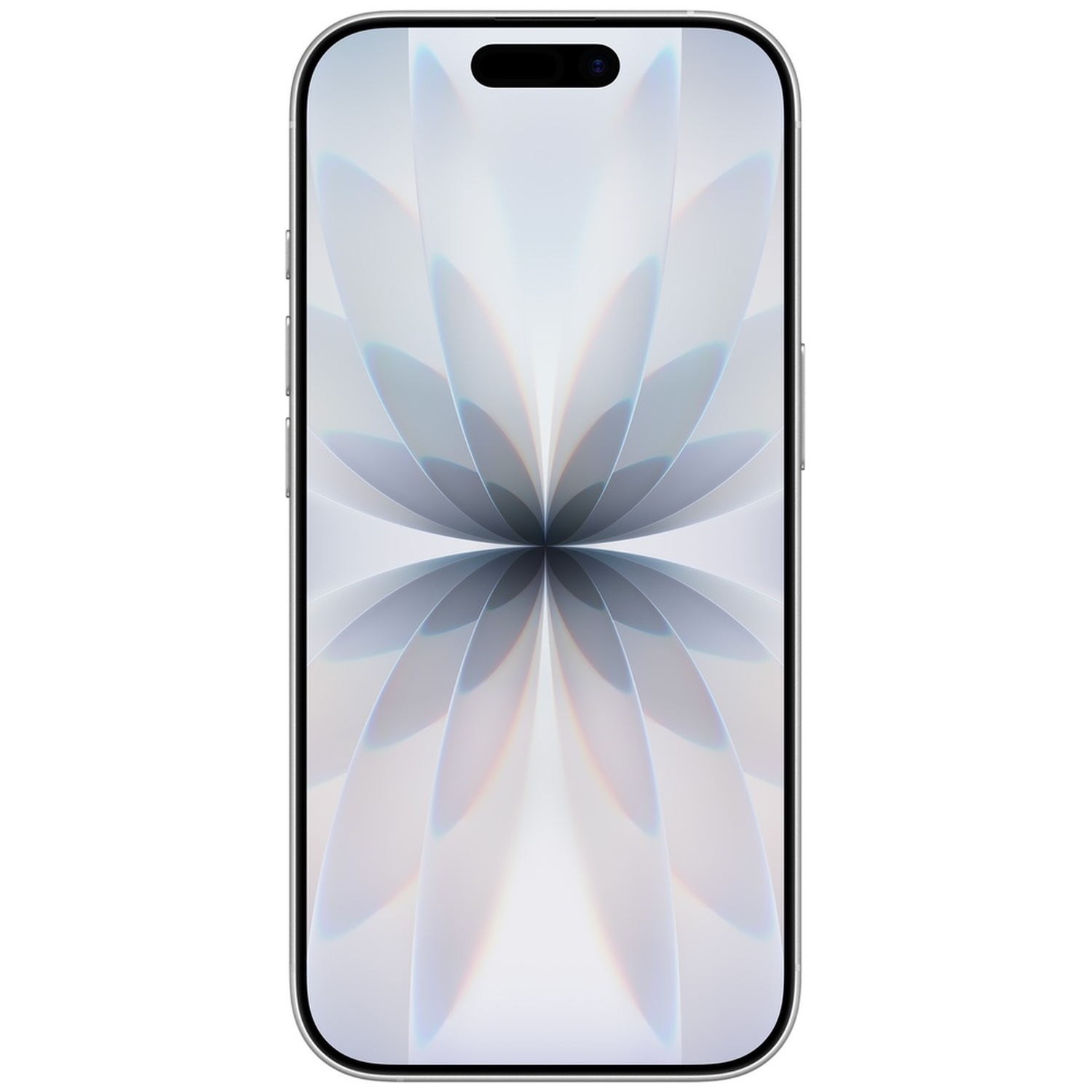 Silver smartphone displaying an abstract, petal-like wallpaper.