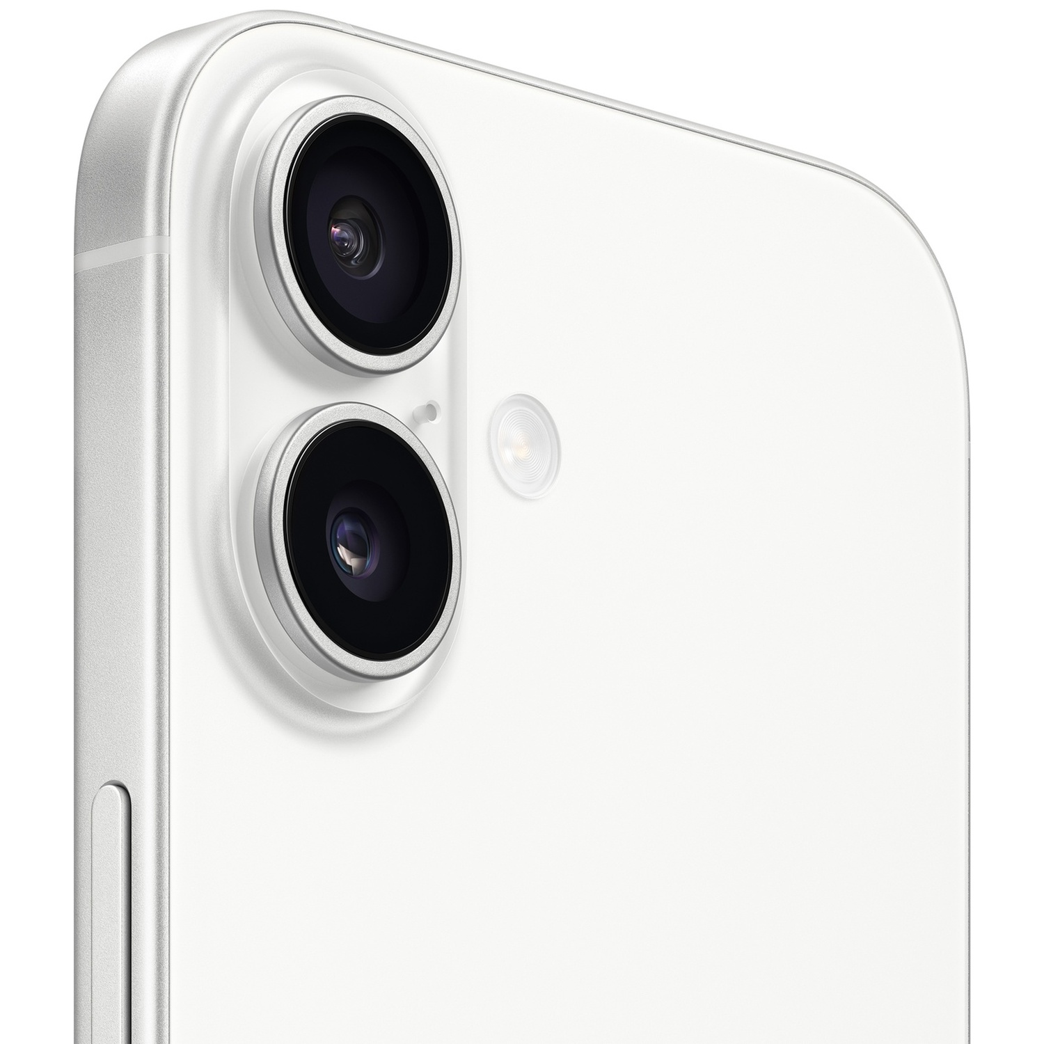 Close-up of a white iPhone showing dual cameras and a flash.