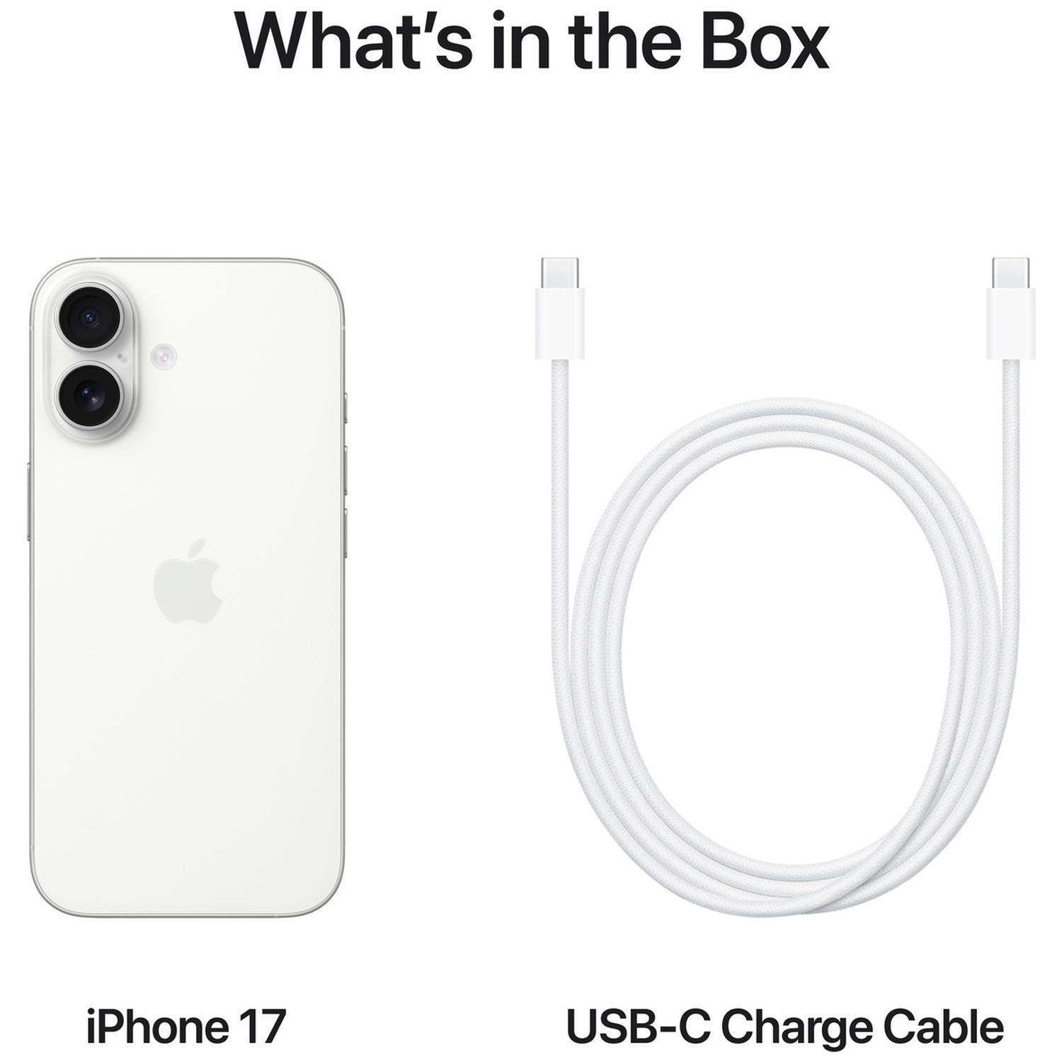 A white iPhone 17 and a white USB-C charge cable are shown side-by-side.