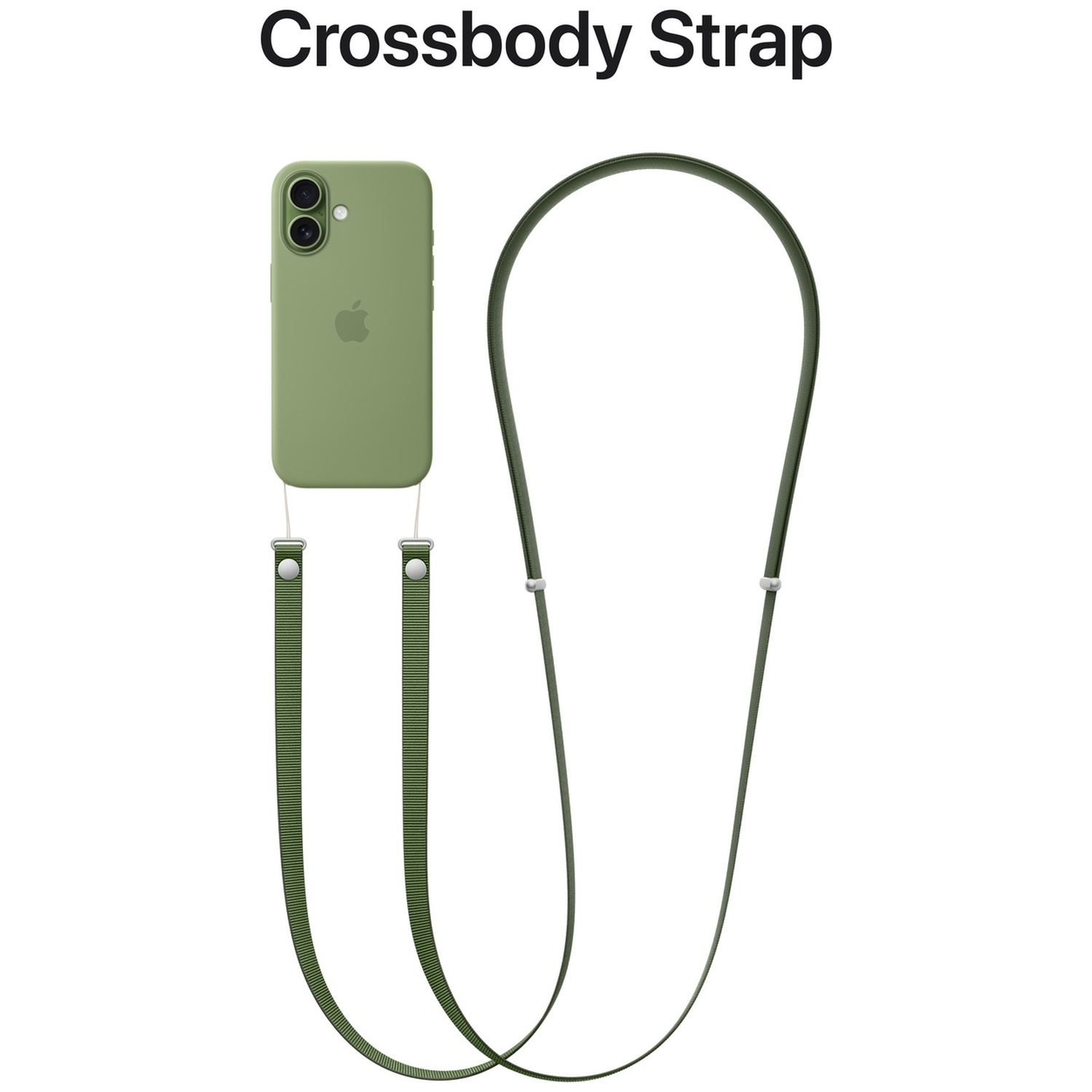 Green phone case with Apple logo and an olive green crossbody strap.