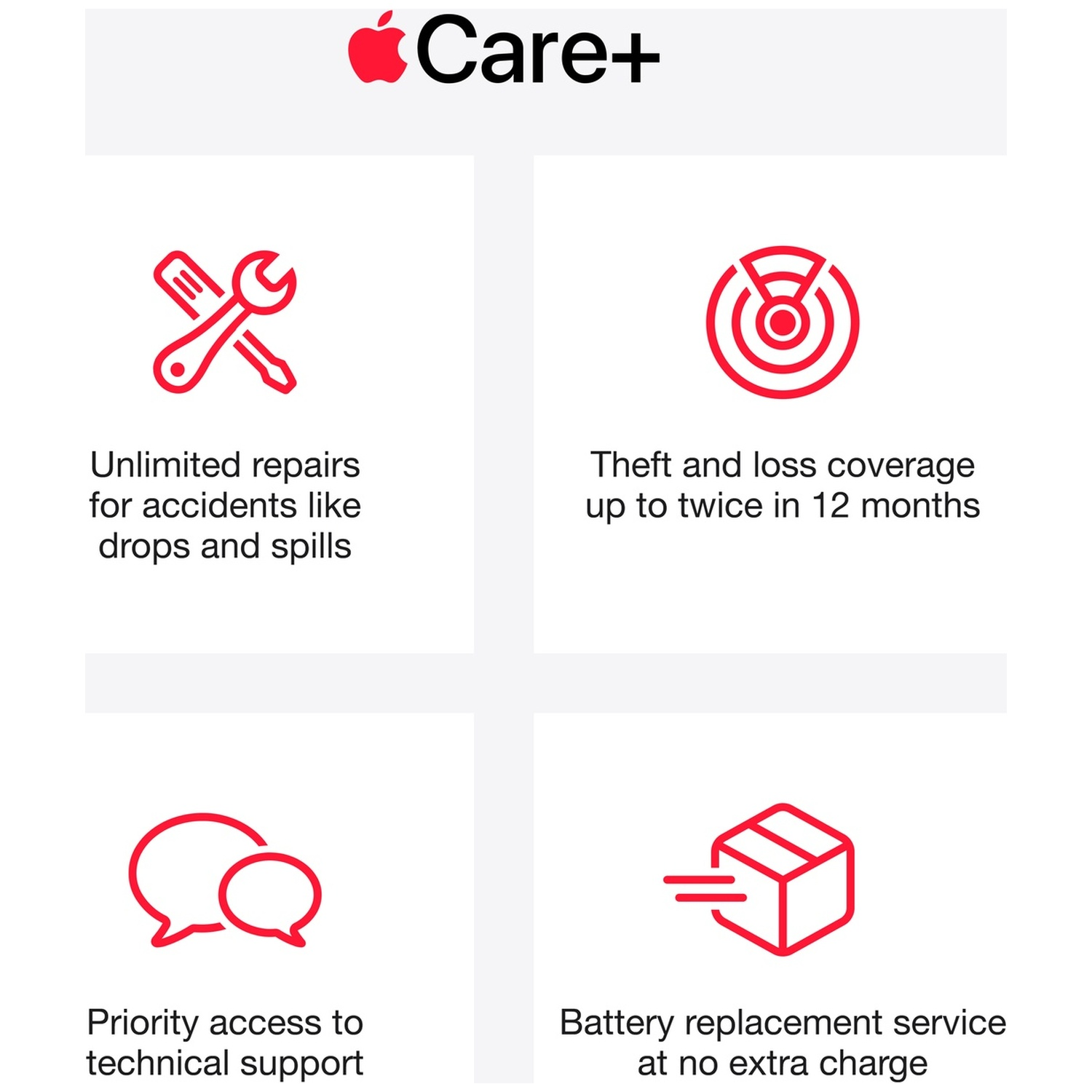 Apple Care+ offers repairs, theft protection, support & battery replacement.