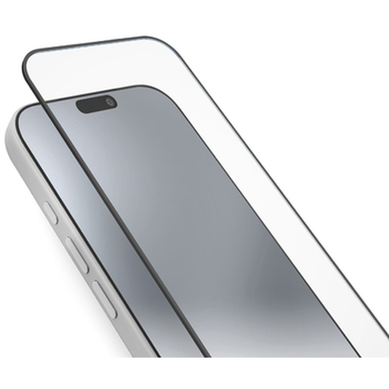 A glass screen protector is placed on a smartphone with buttons on the left side.
