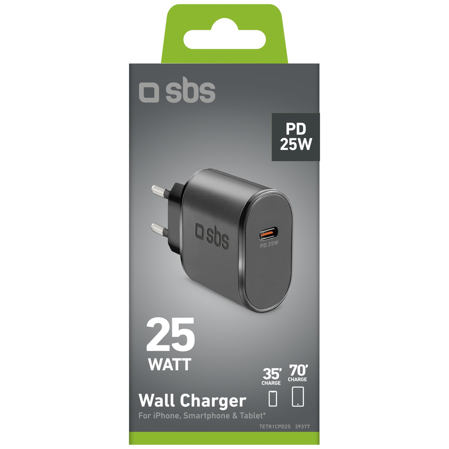Gray SBS 25W PD wall charger with USB-C port and EU plug.