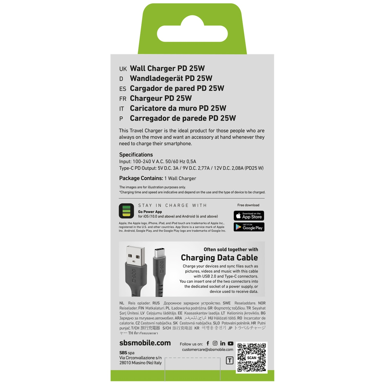 Packaging for a 25W PD wall charger, showing specs, app info, and cable.