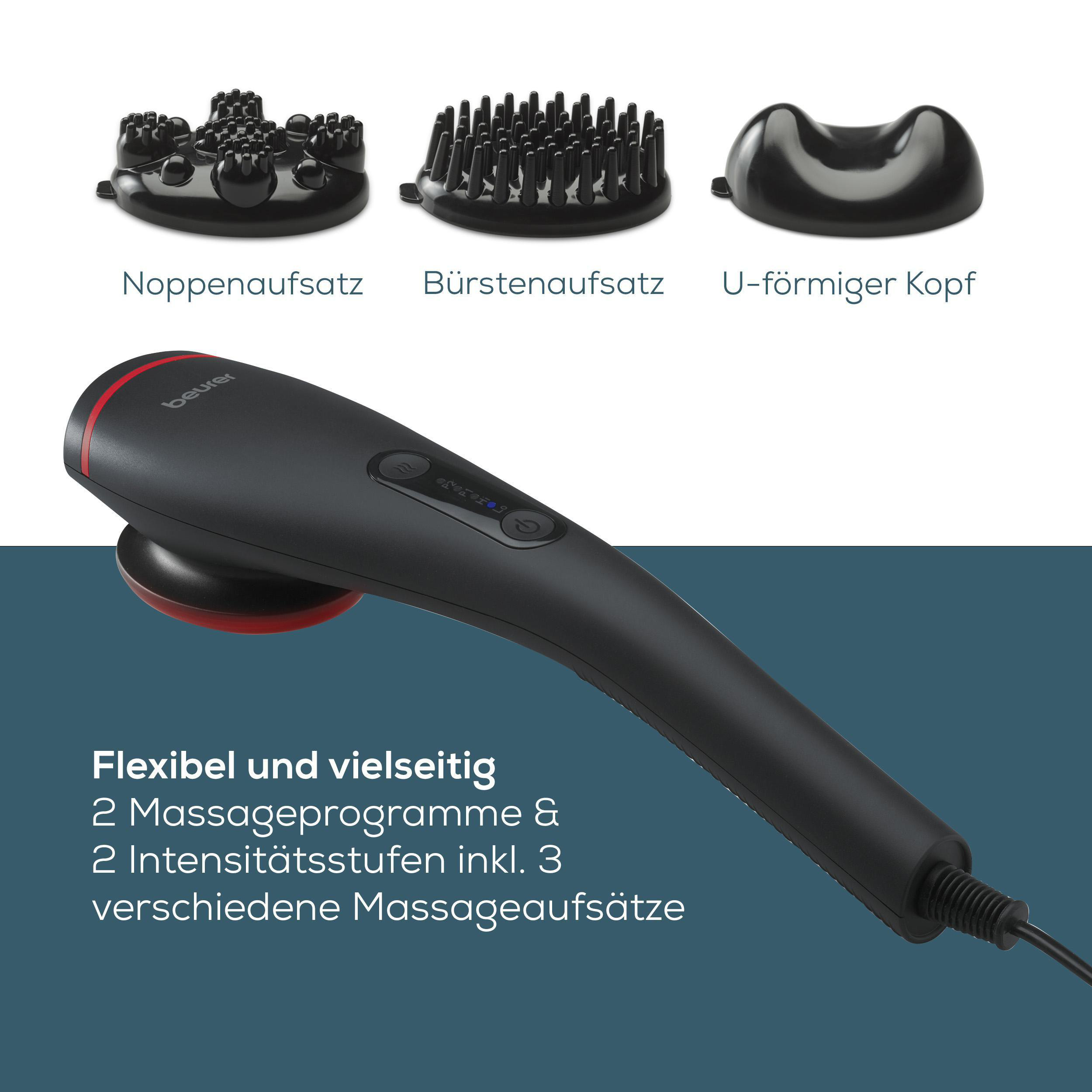Ein Massagegerät mit drei Aufsätzen: Noppen-, Bürsten- und U-Kopf. Schwarz mit roten Akzenten.