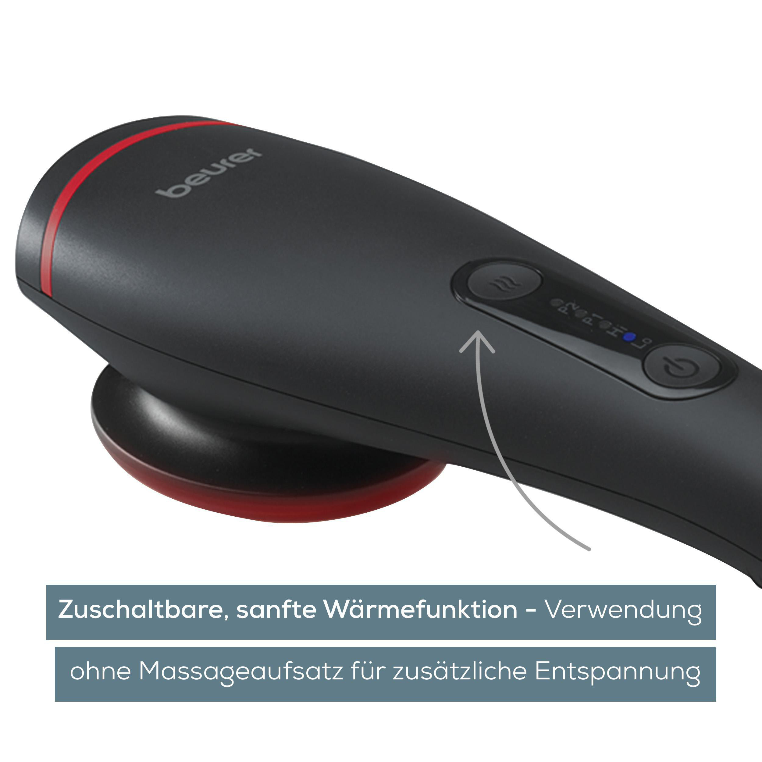 Schwarzes Massagegerät mit rotem Akzent und digitaler Anzeige. Wärme Funktion.