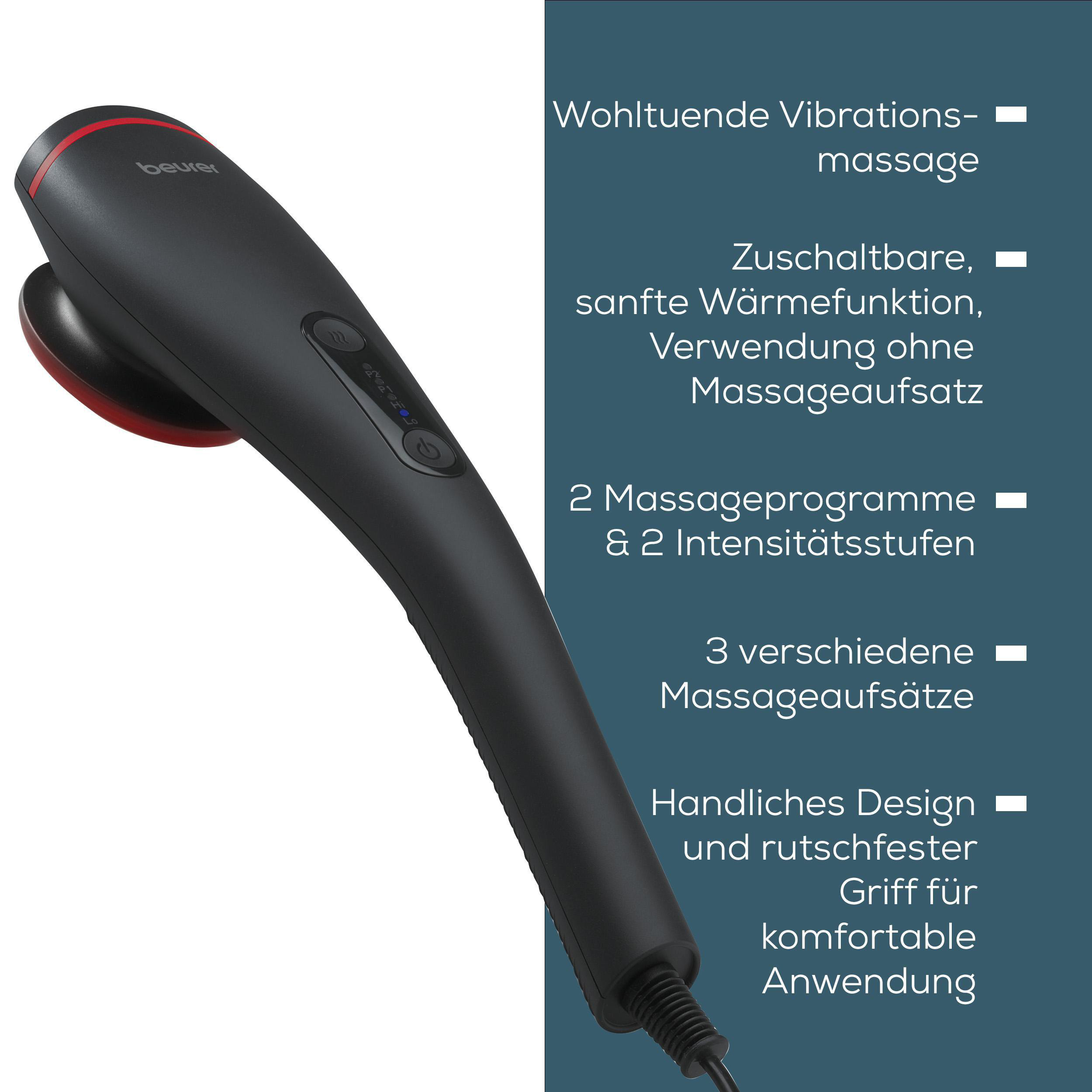 Schwarzes Massagegerät mit rotem Ring, zuschaltbarer Wärmefunktion.