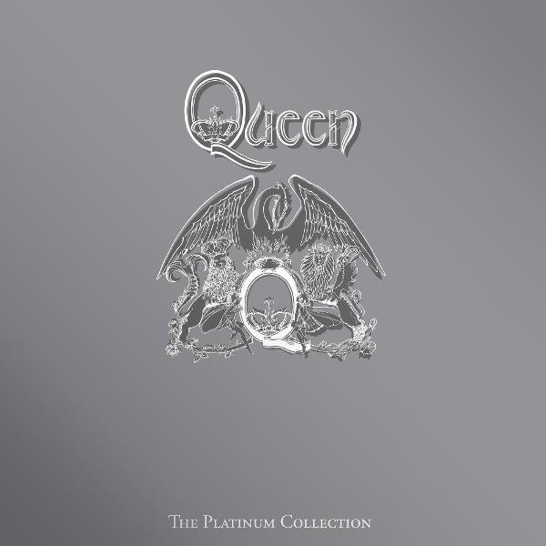 Queen logo and crest on a gray background. "The Platinum Collection" at bottom.